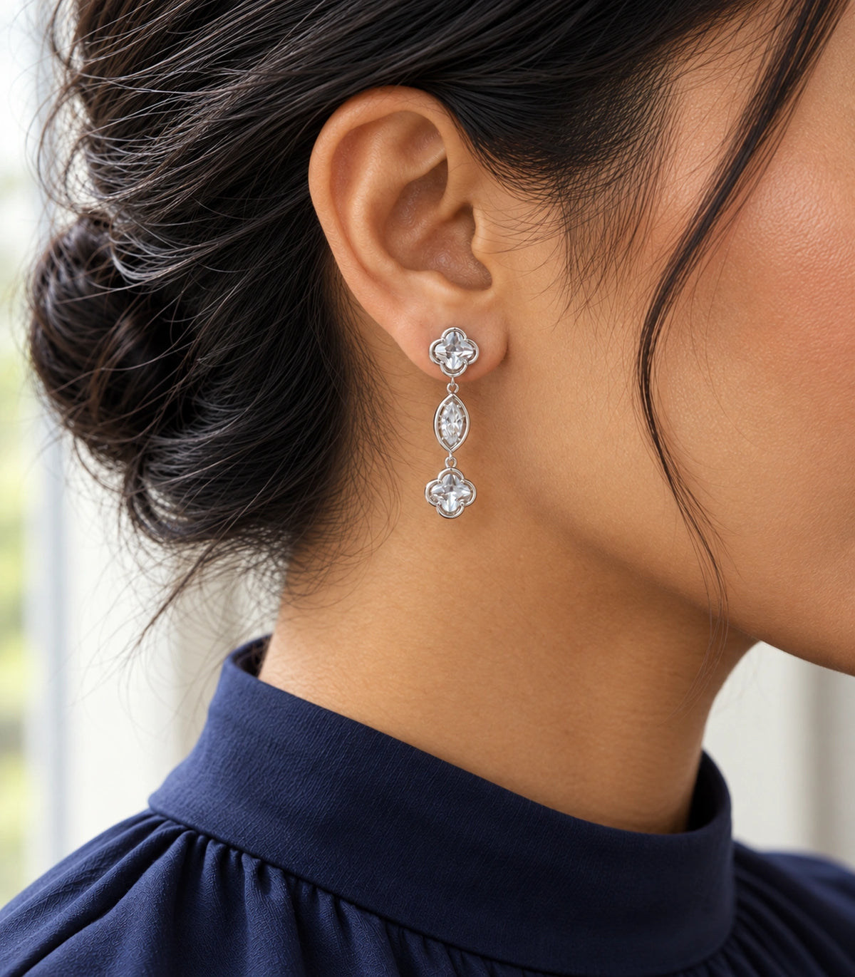 JIMIKI Clover Marquise Crystal Drop Earrings in Silver-tone, editorial model view #color_silver-tone