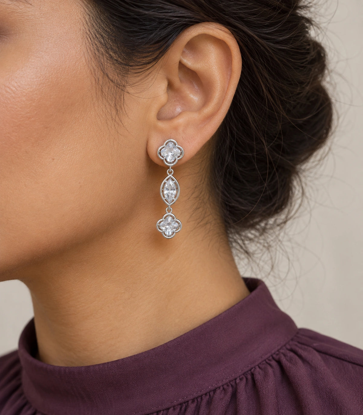 JIMIKI Clover Marquise Crystal Drop Earrings in Silver-tone, model wearing view #color_silver-tone