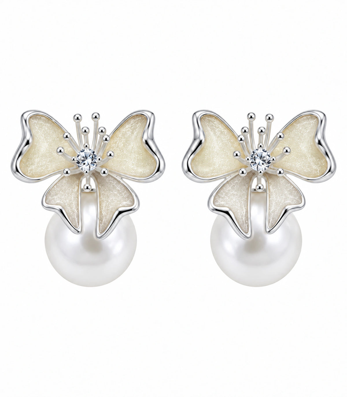 JIMIKI Butterfly Pearl Stud Earring Pair in Silver Tone / Cream, white background product view #color_silver tone / cream