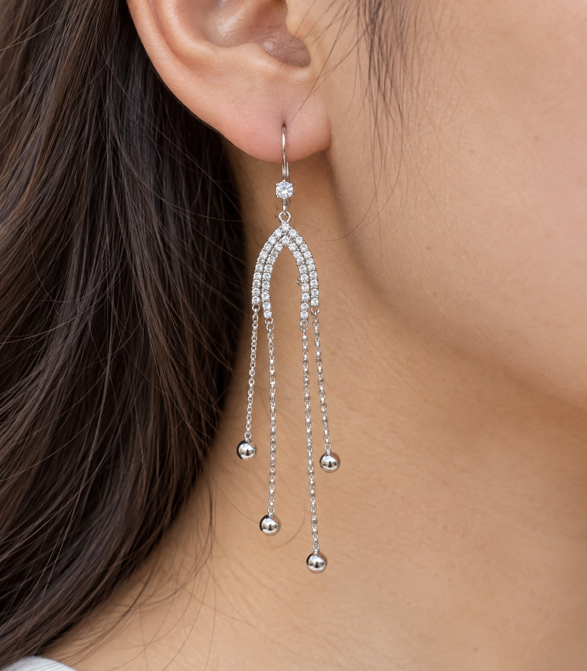 JIMIKI Silver Tone Crystal Arch Four Ball Chain Earring Pair in Silver-tone, close-up detail