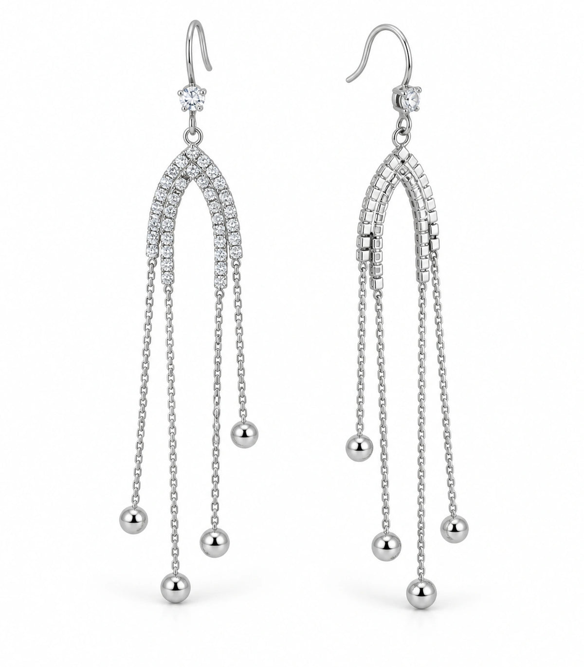 JIMIKI Silver Tone Crystal Arch Four Ball Chain Earring Pair in Silver-tone, white background product view
