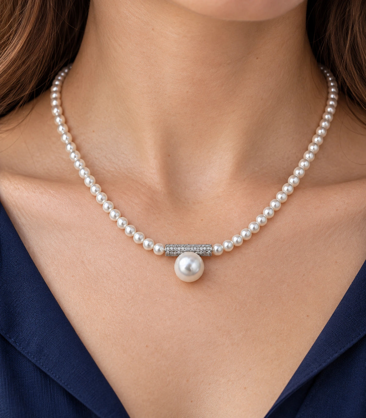 JIMIKI Silver Tone Crystal Bar Pearl Drop Necklace in Silver / White, close-up detail