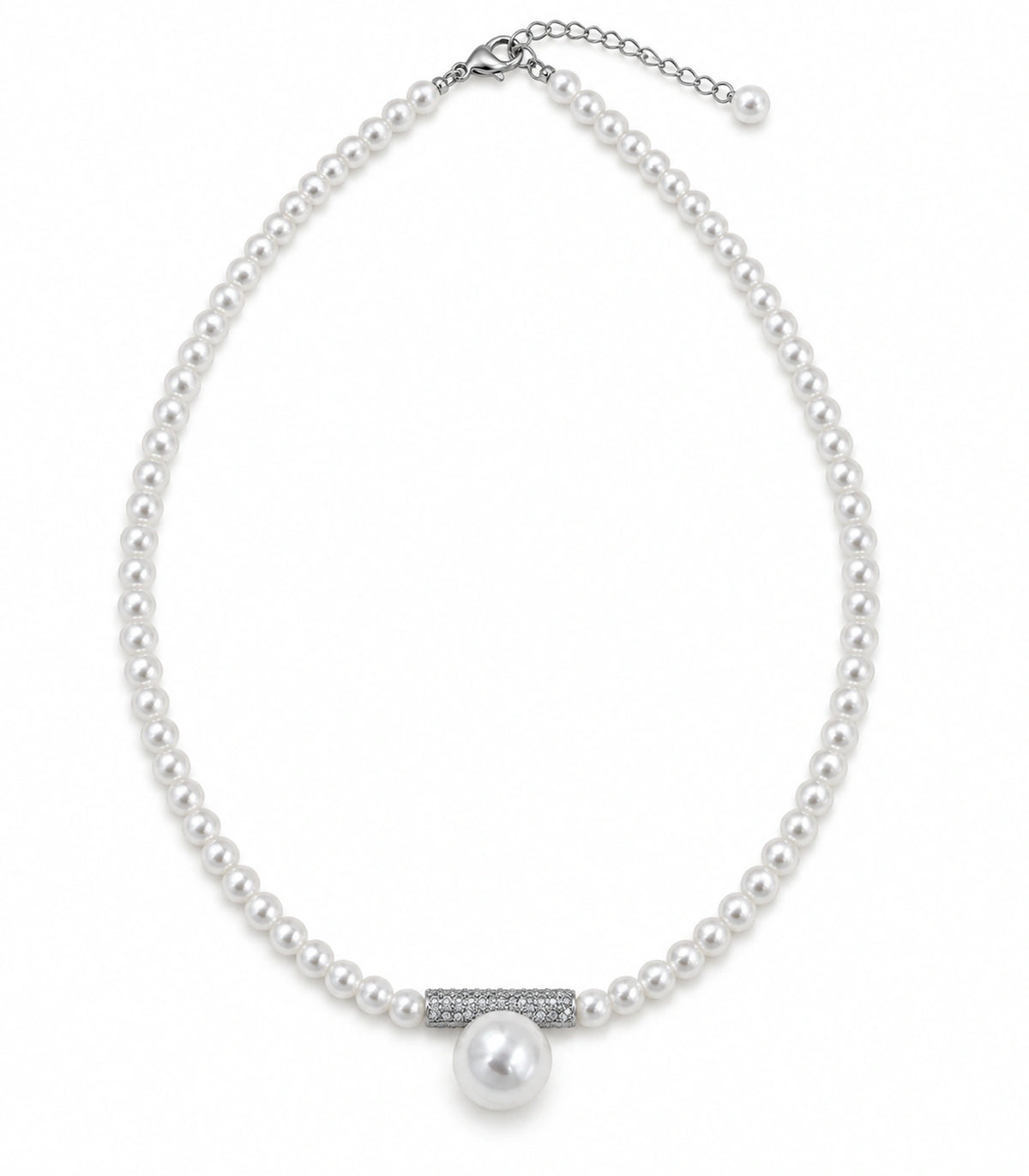 JIMIKI Silver Tone Crystal Bar Pearl Drop Necklace in Silver / White, white background product view