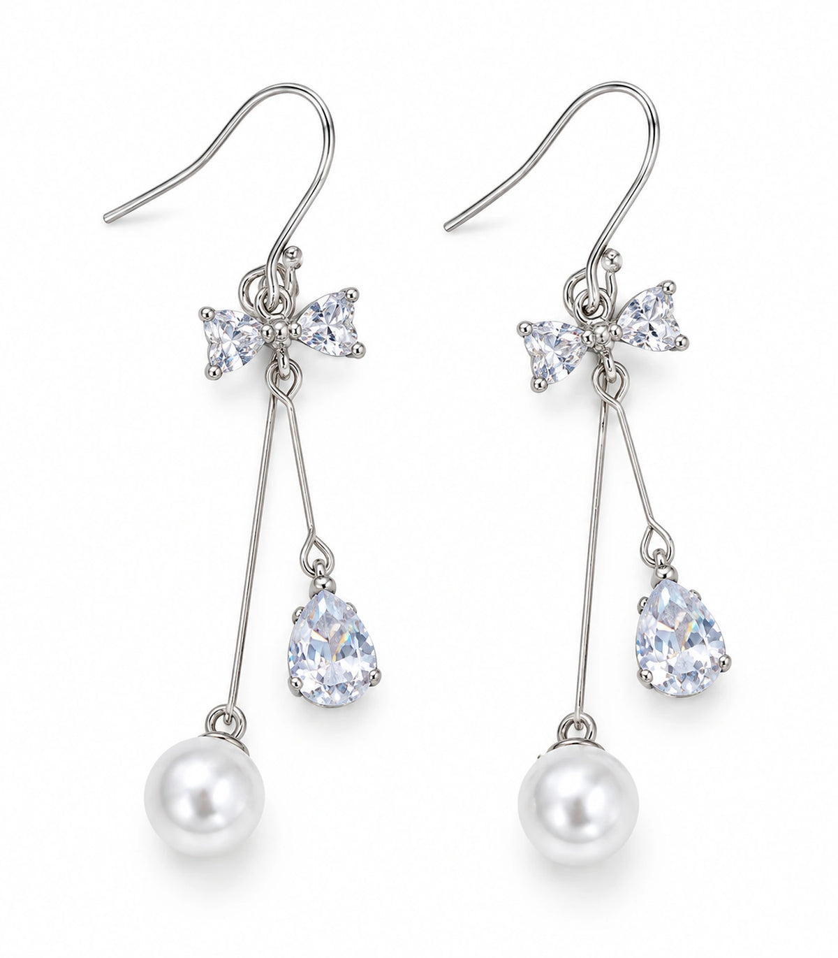 JIMIKI Silver Tone Crystal Bow Pear Pearl Wire Drop Earring Pair in Silver-tone, white background product view