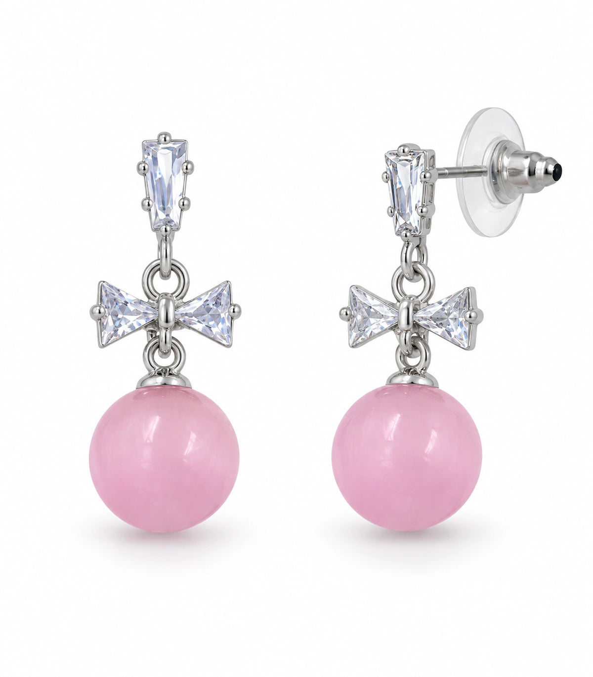JIMIKI Silver-Tone Crystal Bow Pink Bead Drop Earrings in Silver / Clear / Pink, white background product view