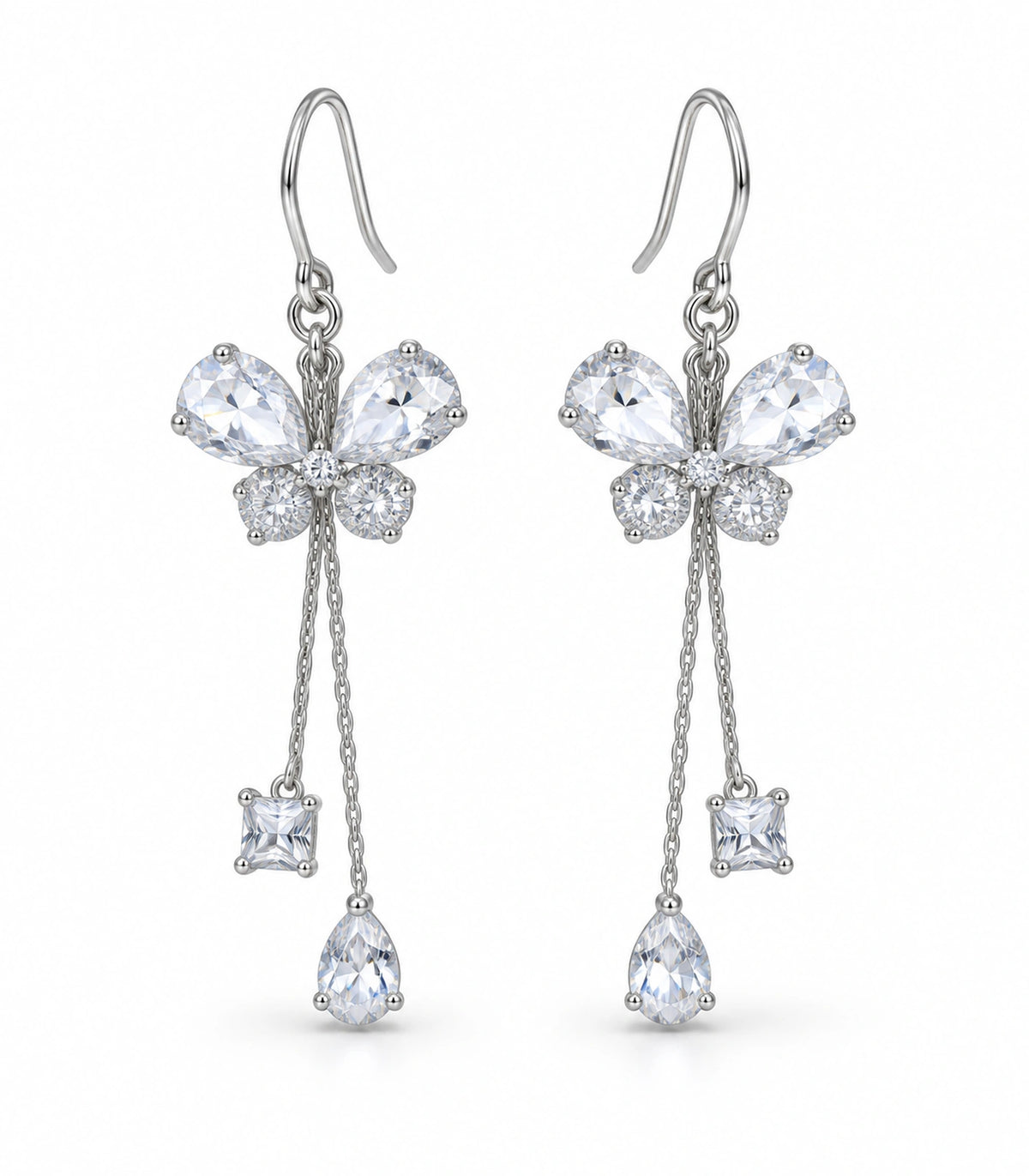 JIMIKI Silver Tone Crystal Butterfly Pear Square Chain Earring Pair in Silver-tone, white background product view