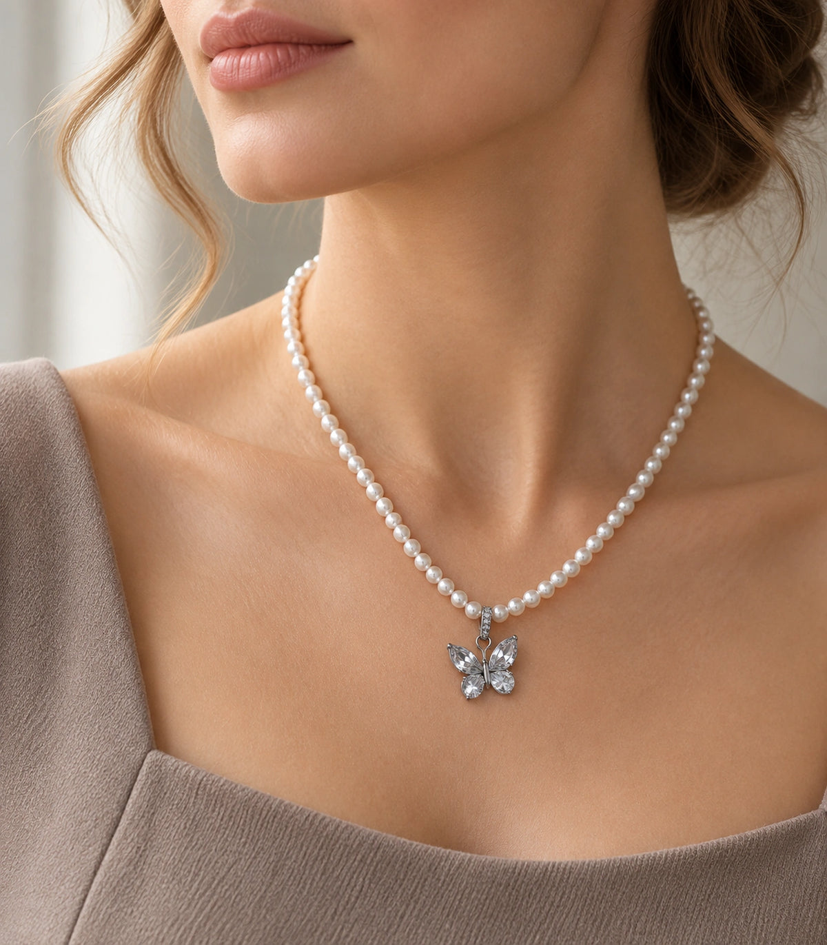 JIMIKI Silver-Tone Crystal Butterfly Pearl Necklace in Silver-tone / clear / white, styled on a model in an editorial setting