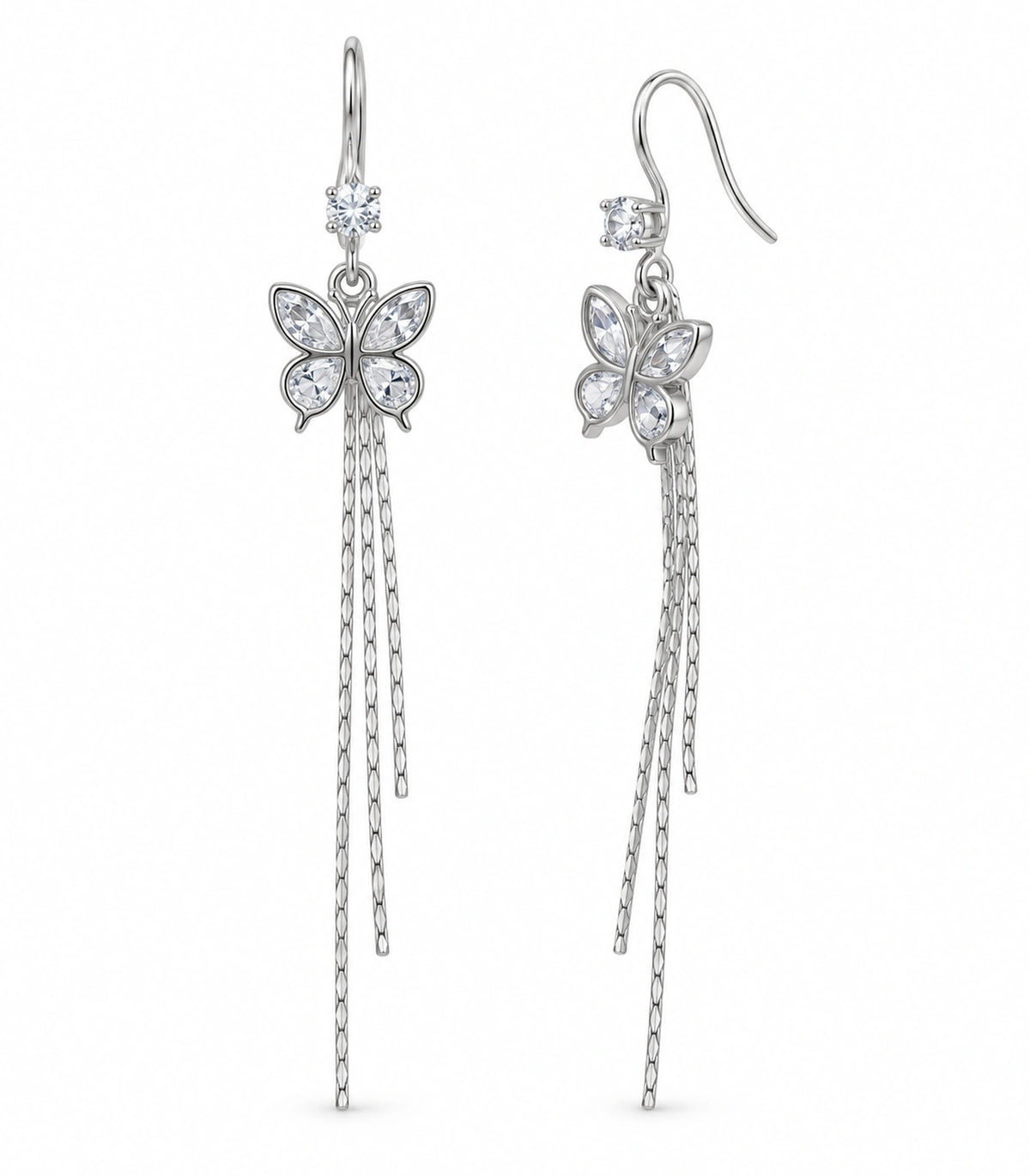JIMIKI Silver Tone Crystal Butterfly Three Chain Earring Pair in Silver-tone, white background product view