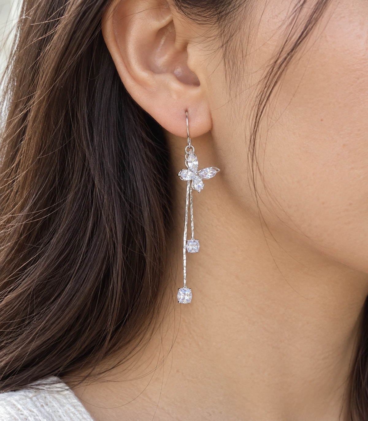 JIMIKI Silver Tone Crystal Butterfly Twin Square Chain Earring Pair in Silver-tone, close-up detail
