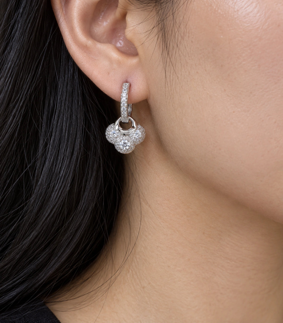 JIMIKI Crystal Clover Charm Hoop Earring Pair in Silver Tone, close-up detail #color_silver tone