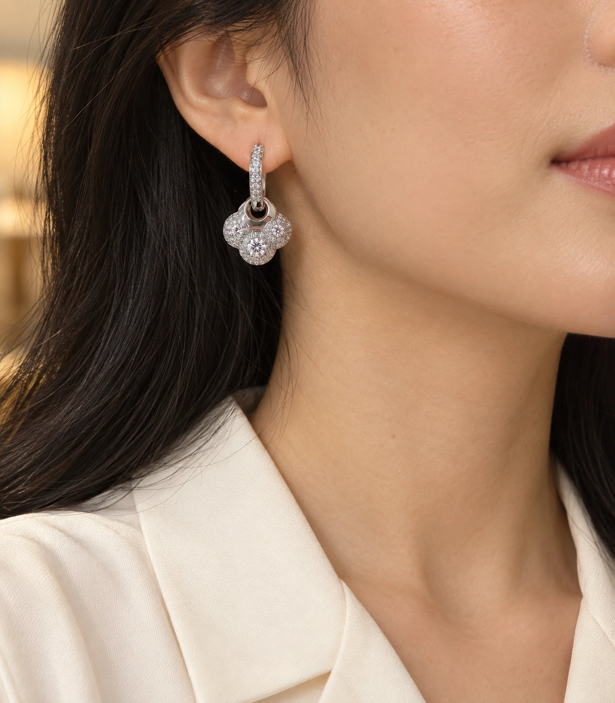 JIMIKI Crystal Clover Charm Hoop Earring Pair in Silver Tone, editorial model view #color_silver tone