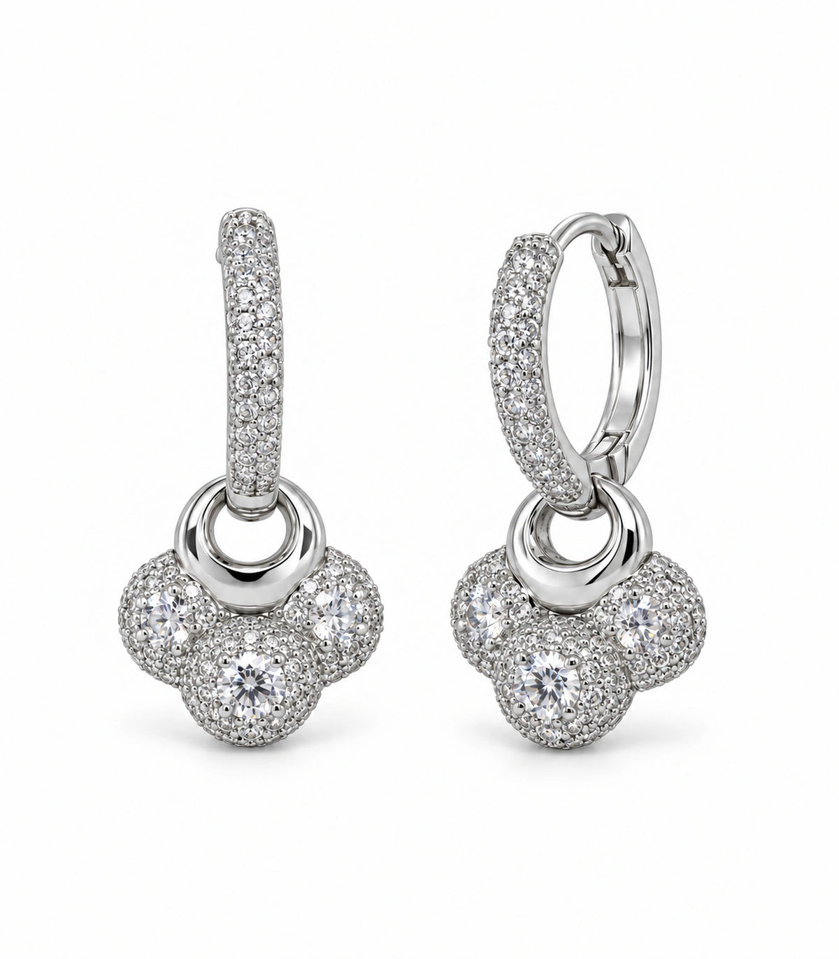 JIMIKI Crystal Clover Charm Hoop Earring Pair in Silver Tone, white background product view #color_silver tone