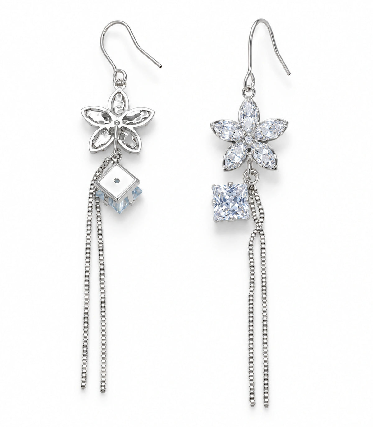 JIMIKI Silver Tone Crystal Flower Square Chain Tassel Earring Pair in Silver tone, white background product view