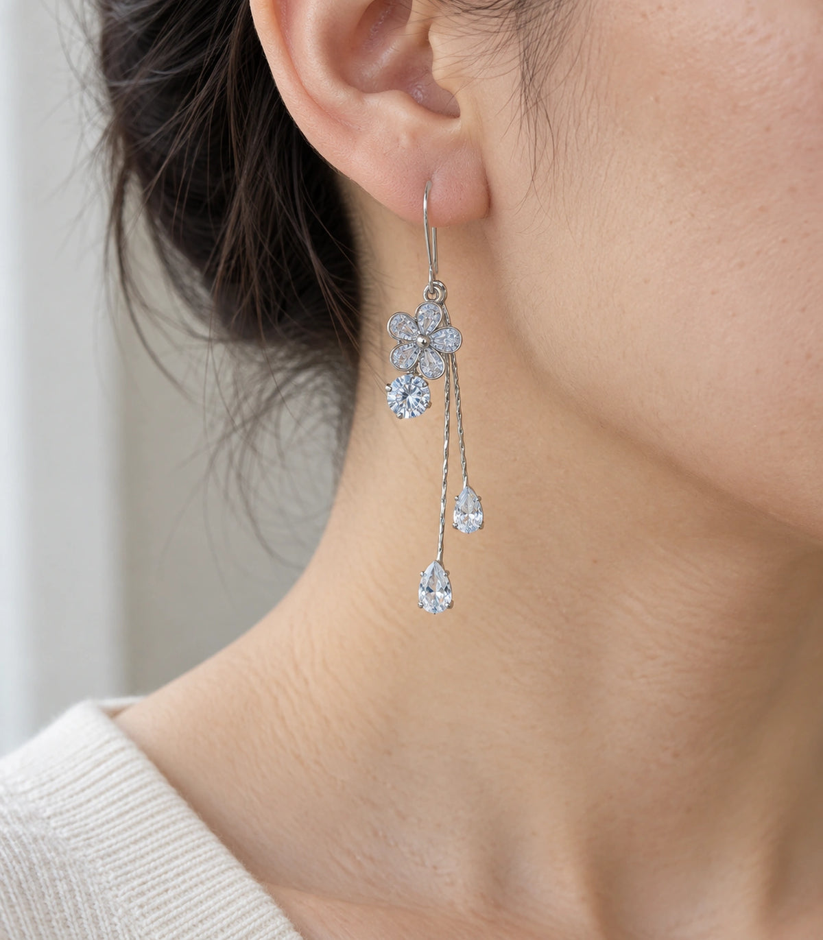 JIMIKI Silver Tone Crystal Flower Teardrop Tassel Earring Pair in Silver tone, close-up detail