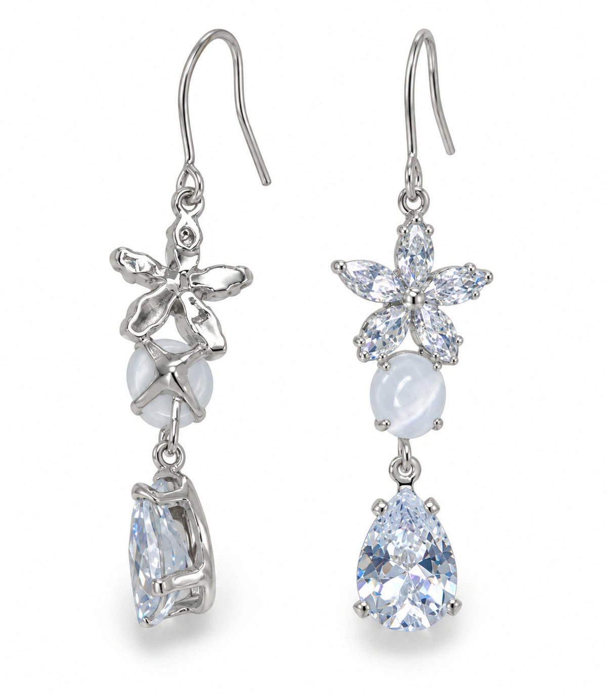 JIMIKI Silver Tone Crystal Flower White Bead Pear Drop Earring Pair in Silver tone, white background product view