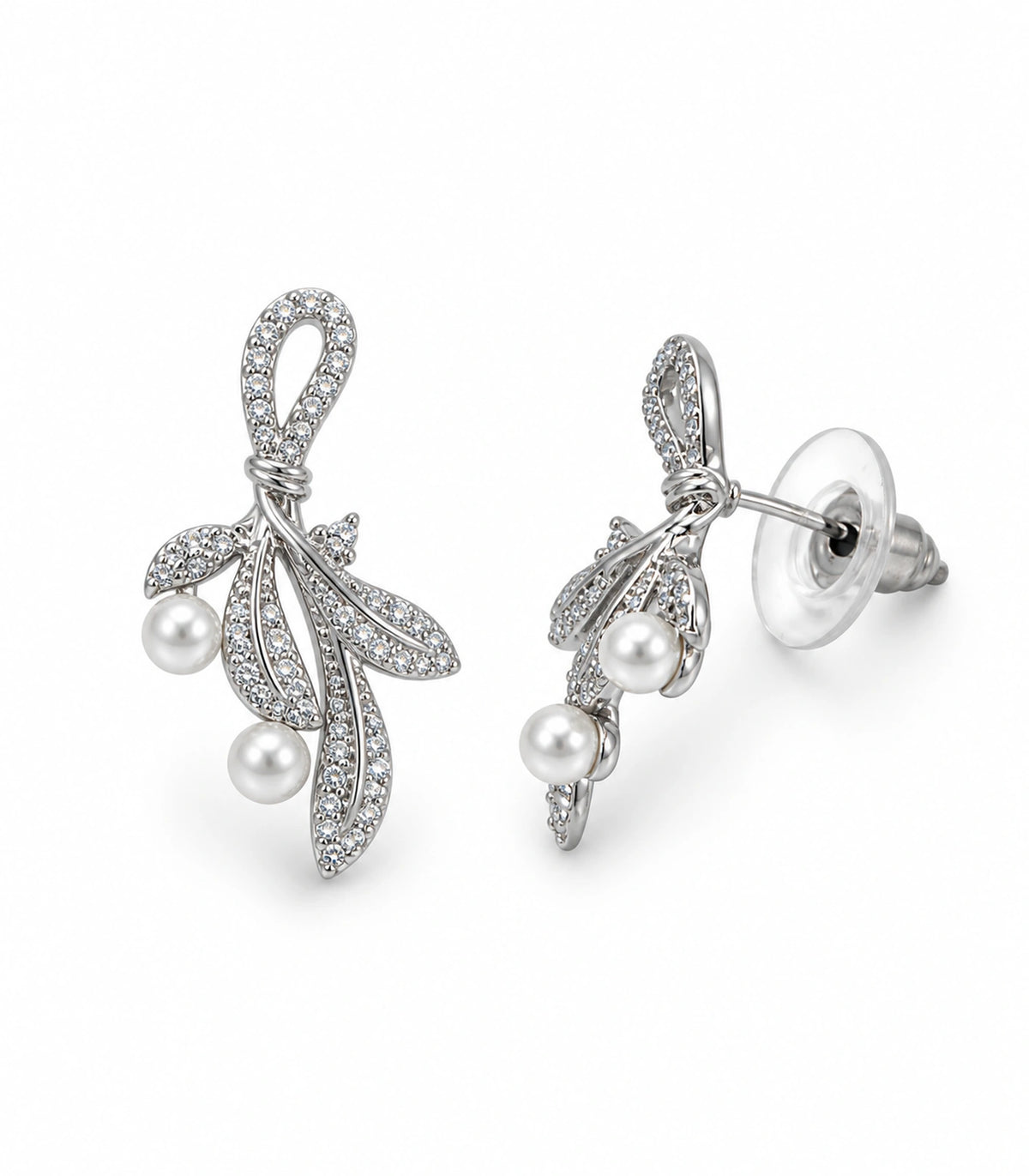JIMIKI Crystal Leaf Two Pearl Drop Earring Pair in Silver-tone, white background product view #color_silver-tone