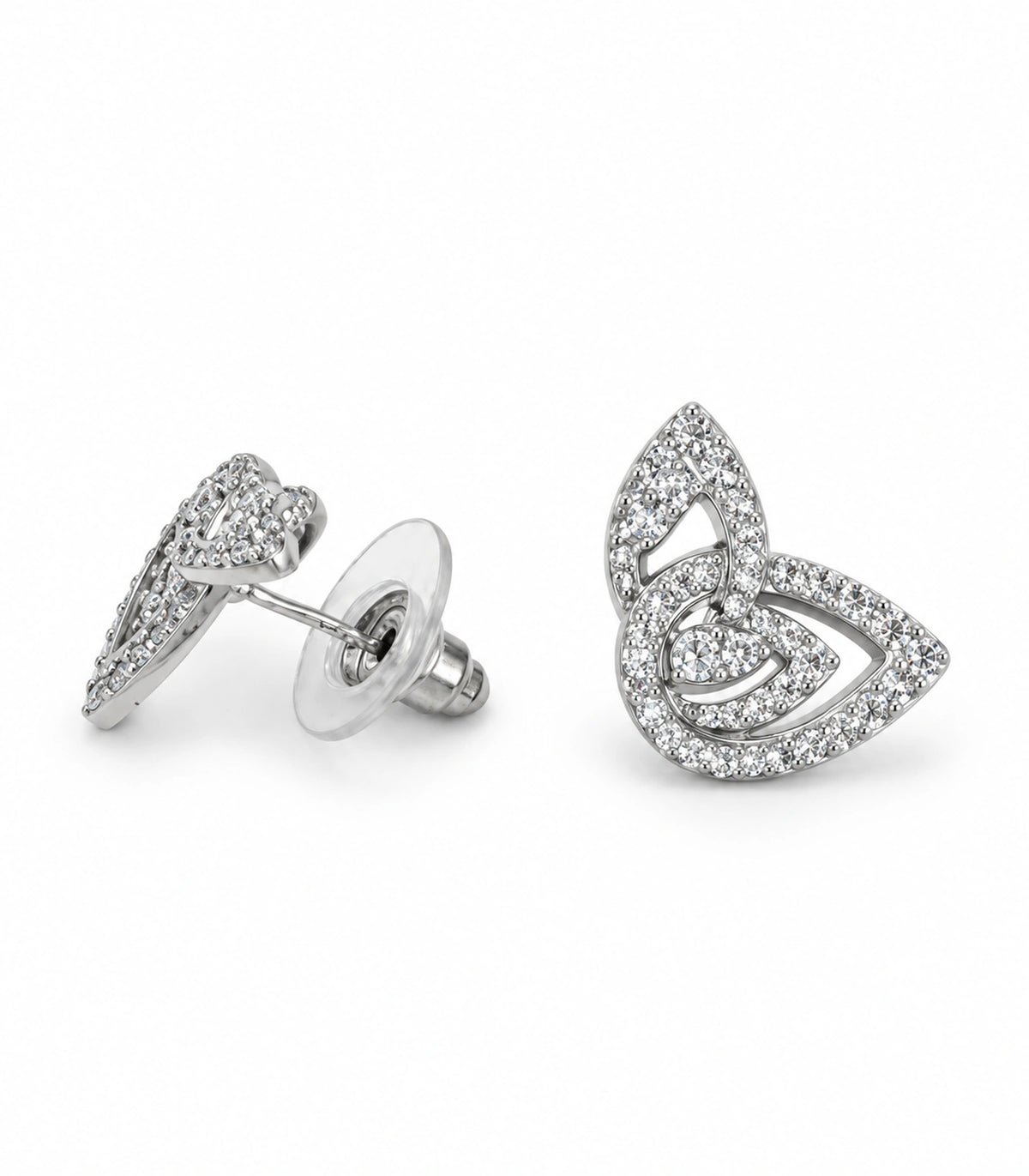 JIMIKI Crystal Open Swirl Stud Earring Pair in Silver tone, white background product view #color_silver tone