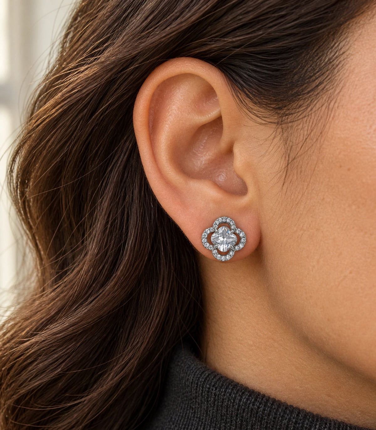 JIMIKI Crystal Quatrefoil Halo Stud Earring Pair in Silver Tone, close-up detail #color_silver tone