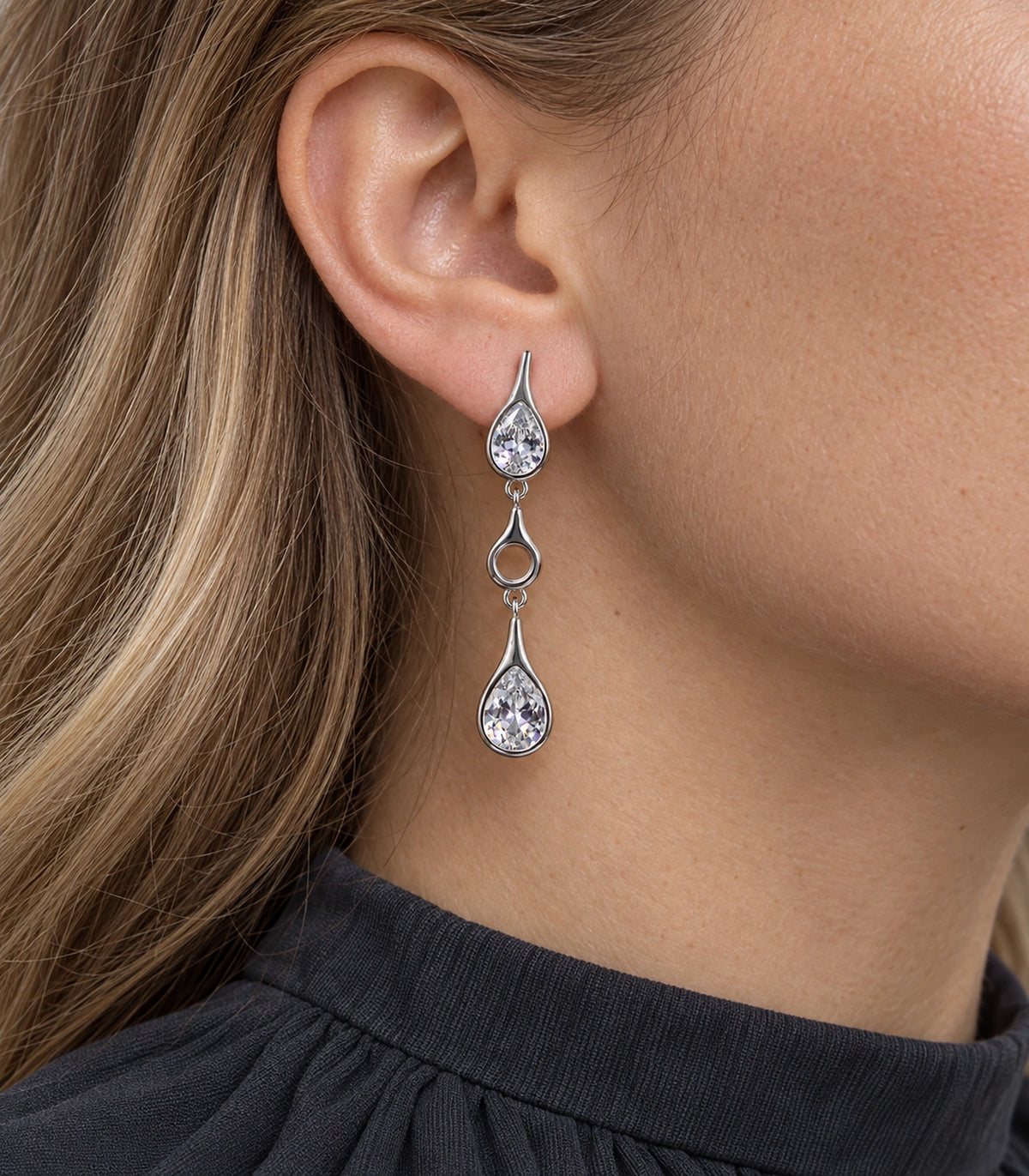 JIMIKI Crystal Teardrop Open Link Drop Earring Pair in Silver tone, close-up detail #color_silver tone