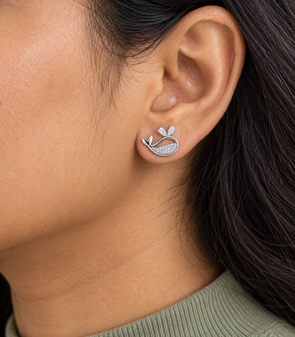 JIMIKI Crystal Whale Stud Earring Pair in Silver-tone, close-up detail #color_silver-tone
