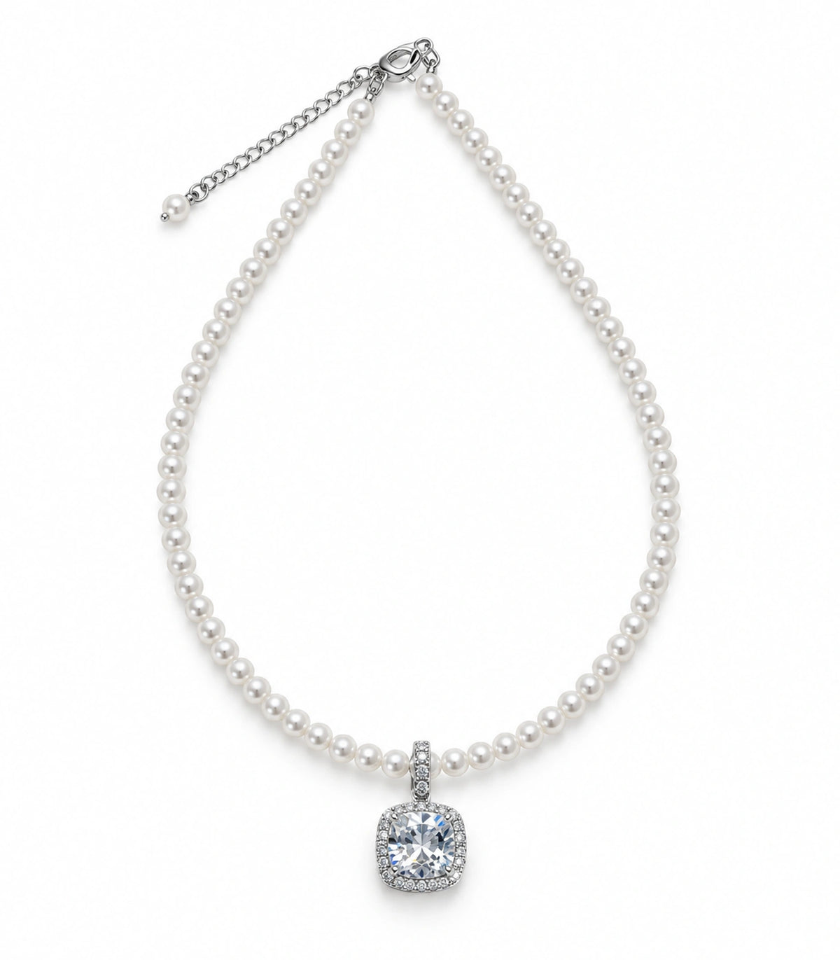 JIMIKI Silver-Tone Cushion Crystal Halo Pearl Necklace in Silver-tone / clear / white, on a white background