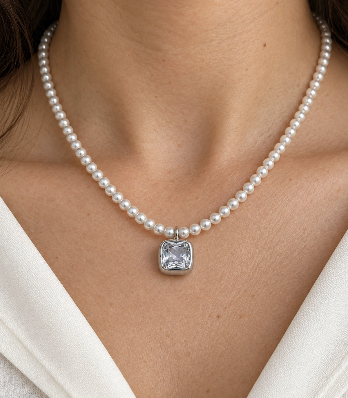 JIMIKI Silver Tone Cushion Crystal Pearl Style Necklace in Silver tone / white, close-up detail