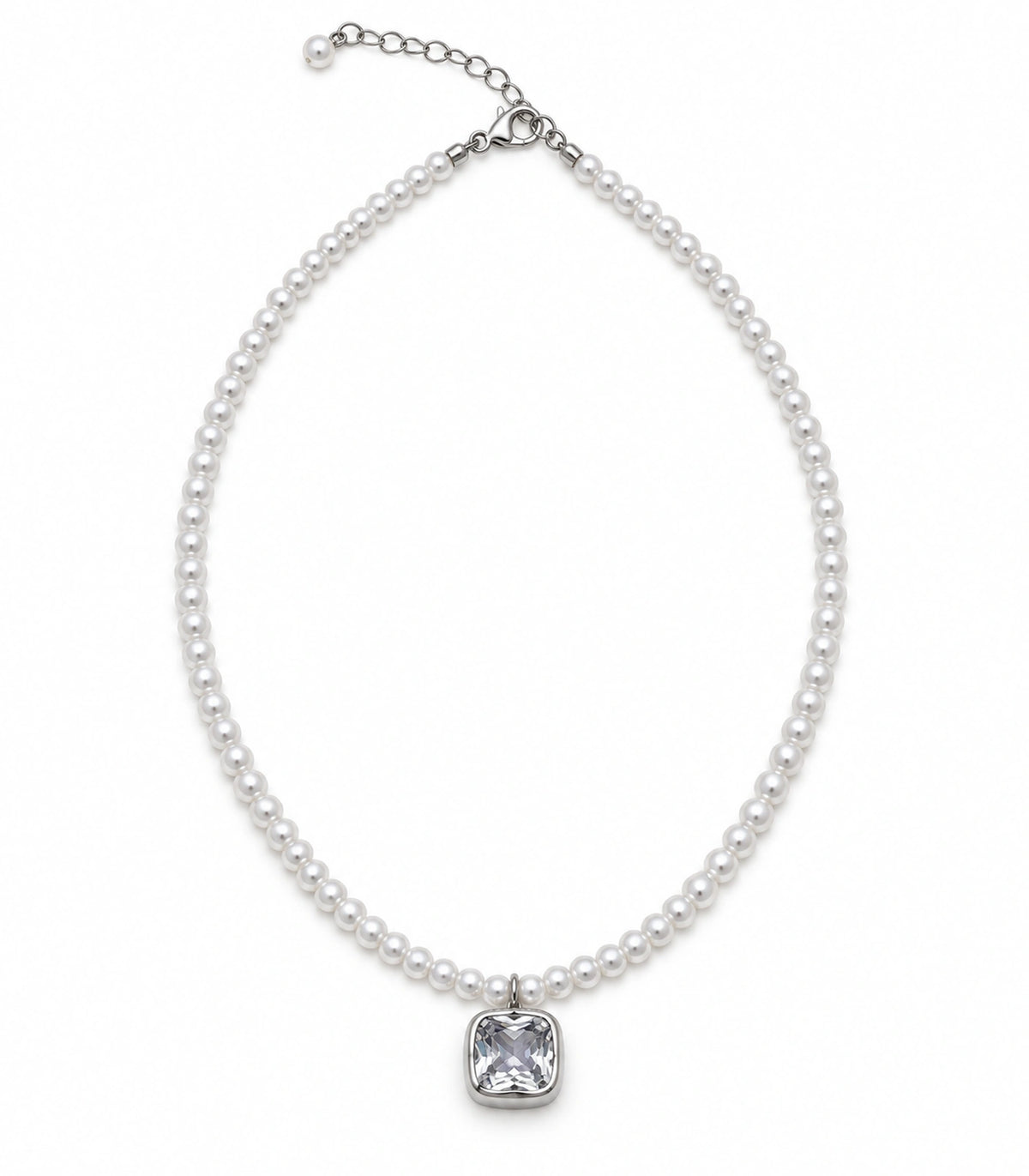 JIMIKI Silver Tone Cushion Crystal Pearl Style Necklace in Silver tone / white, white background product view