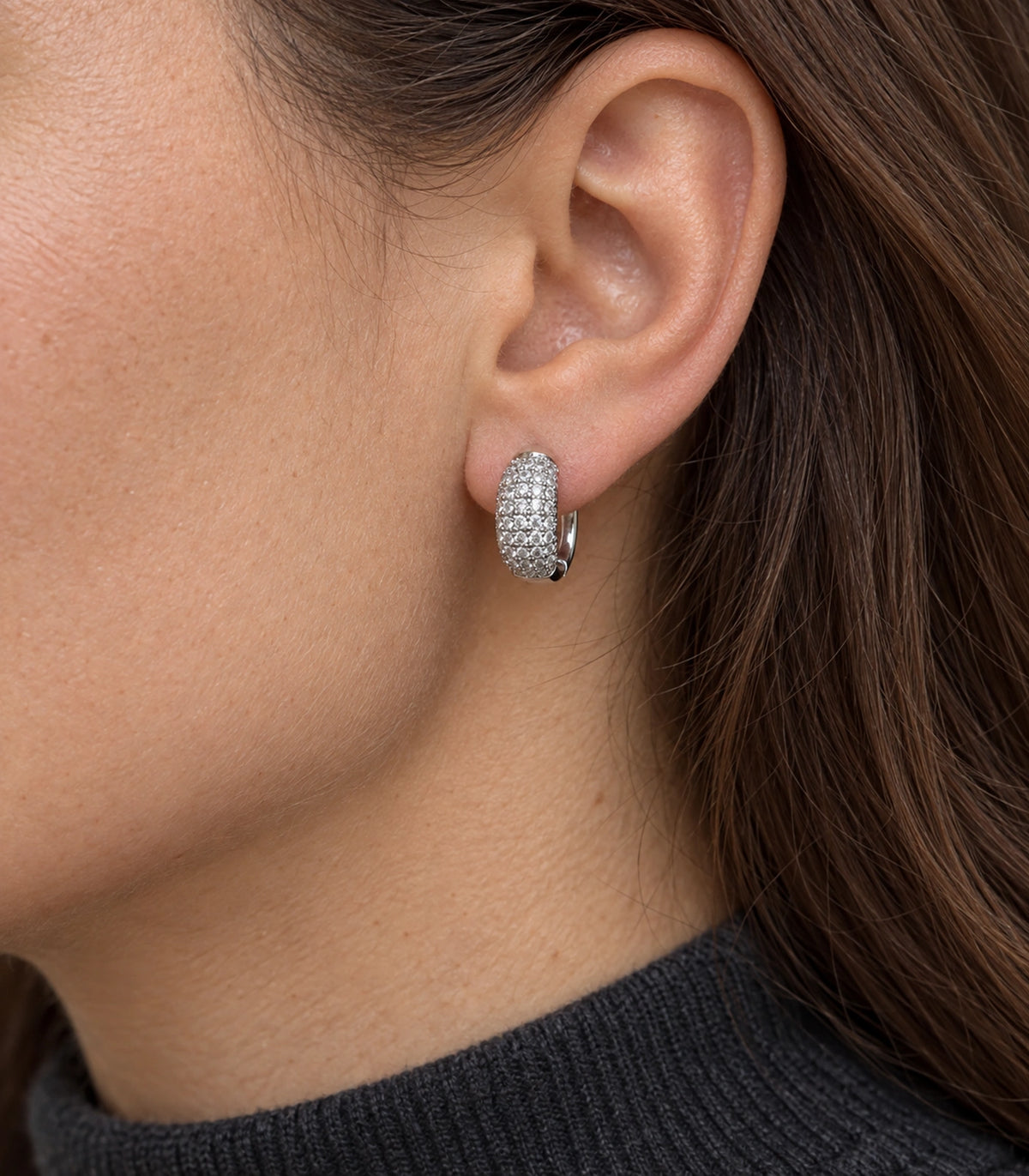 JIMIKI Silver-Tone Domed Pave Hinged Hoop Earring Pair in Silver Tone, close-up detail