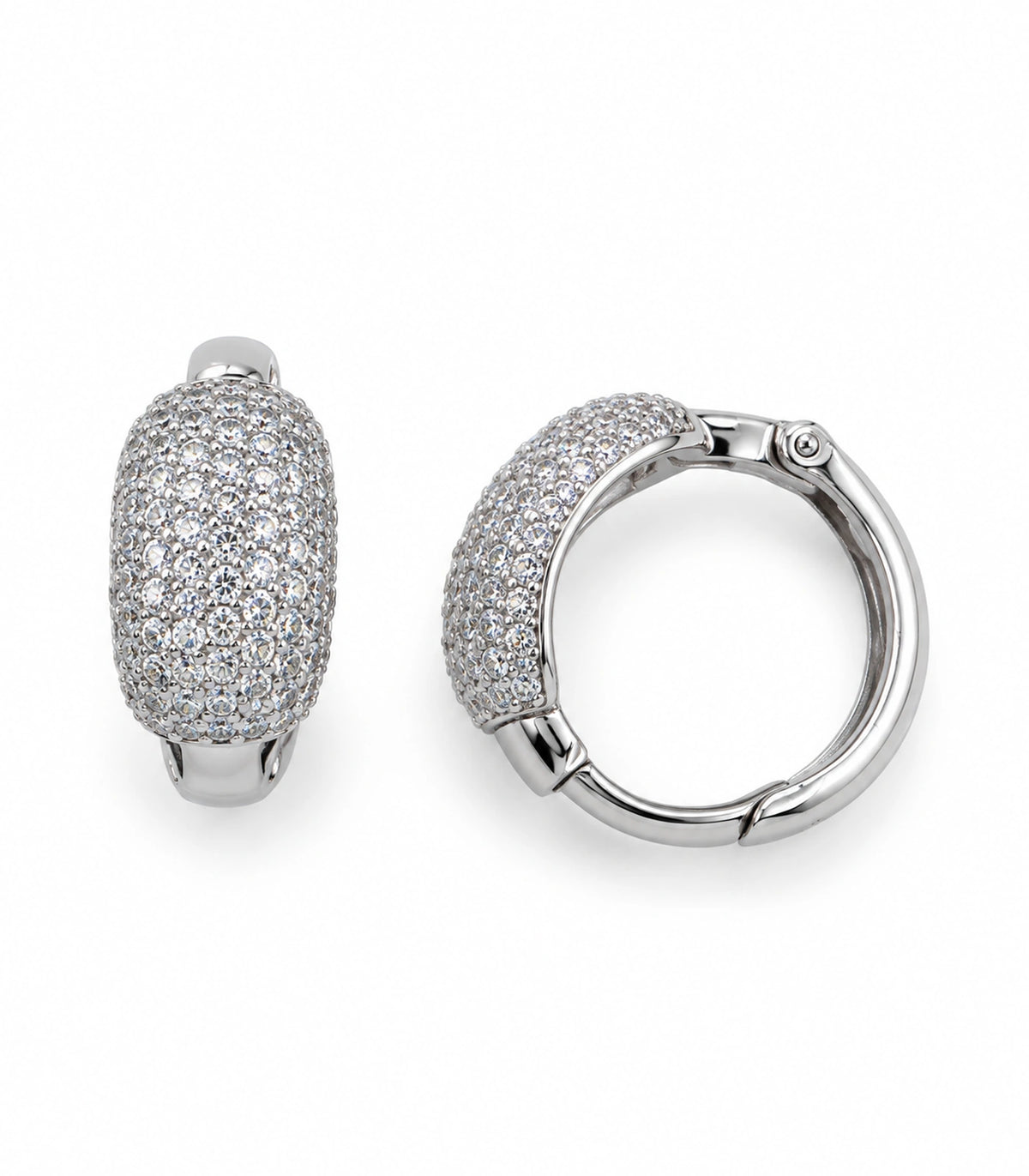 JIMIKI Silver-Tone Domed Pave Hinged Hoop Earring Pair in Silver Tone, white background product view