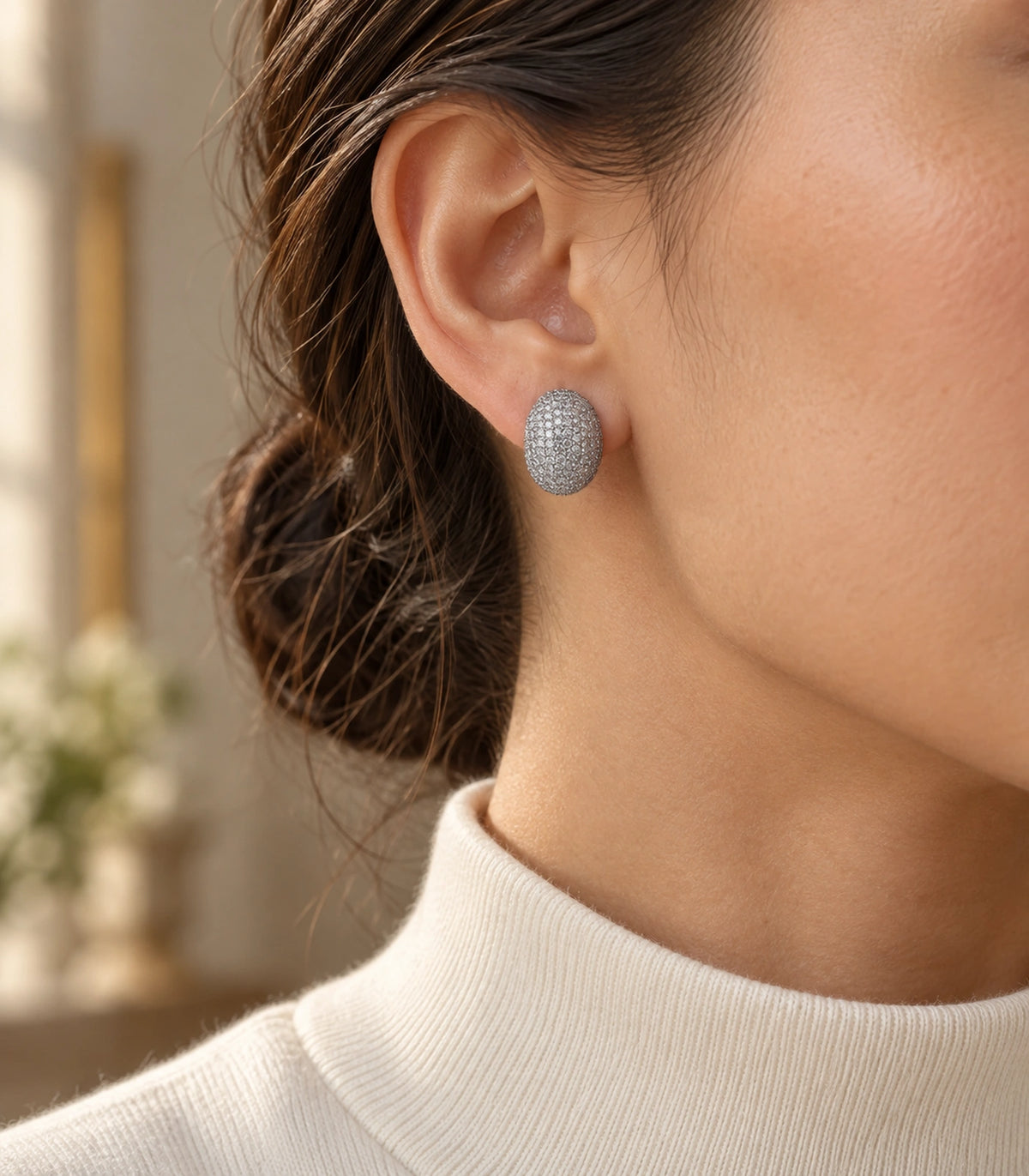 JIMIKI Domed Pave Oval Stud Earring Pair in Silver Tone, editorial model view #color_silver tone