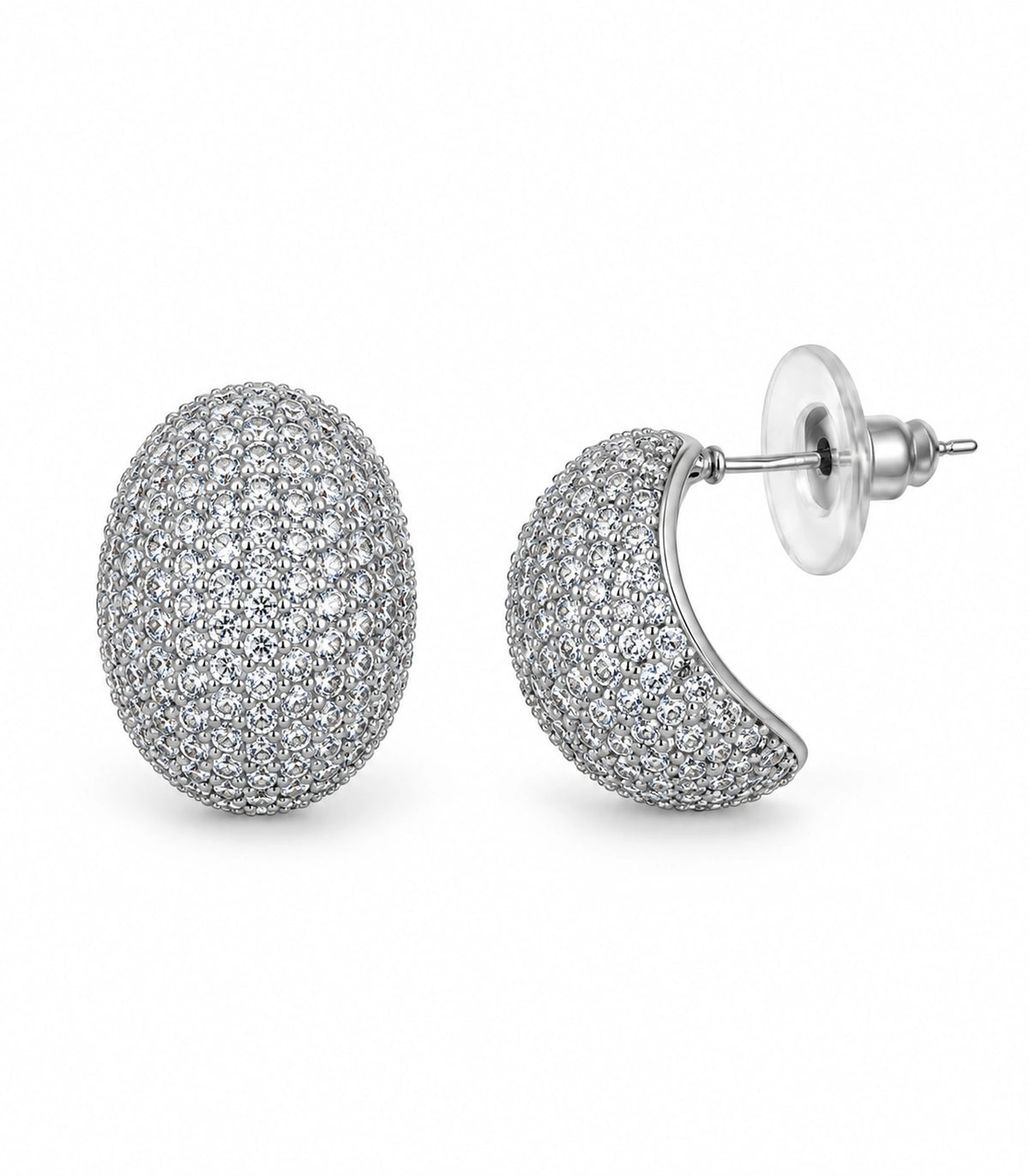 JIMIKI Domed Pave Oval Stud Earring Pair in Silver Tone, white background product view #color_silver tone