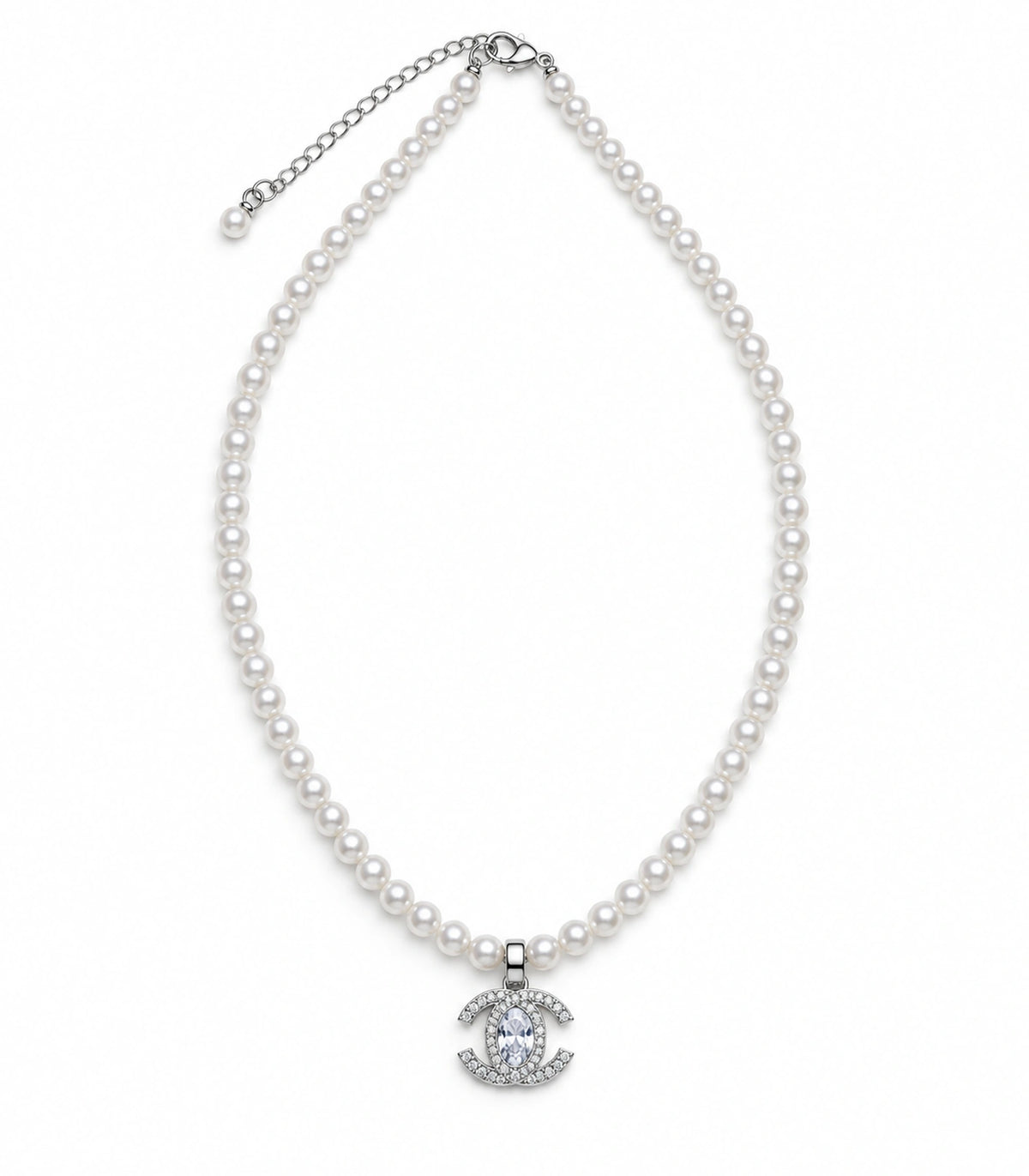JIMIKI Silver-Tone Double-C Crystal Pearl Necklace in Silver-tone / clear / white, on a white background