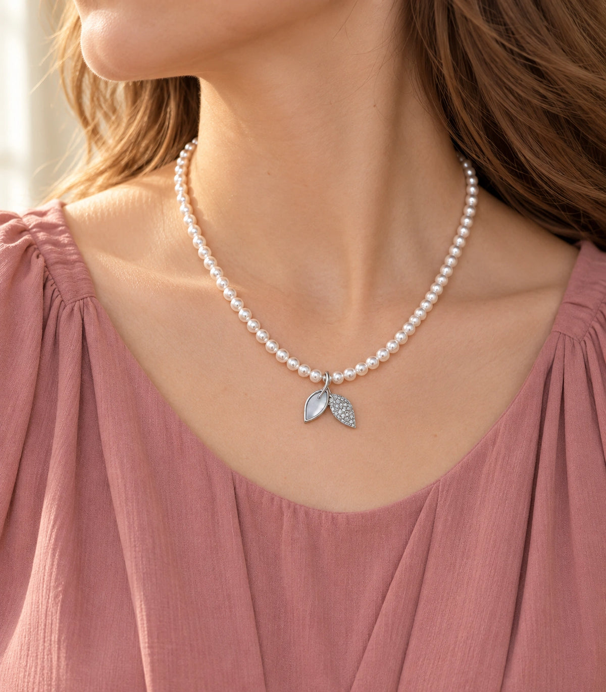 JIMIKI Silver Tone Double Leaf Pearl Style Necklace in Silver tone / white, editorial model view