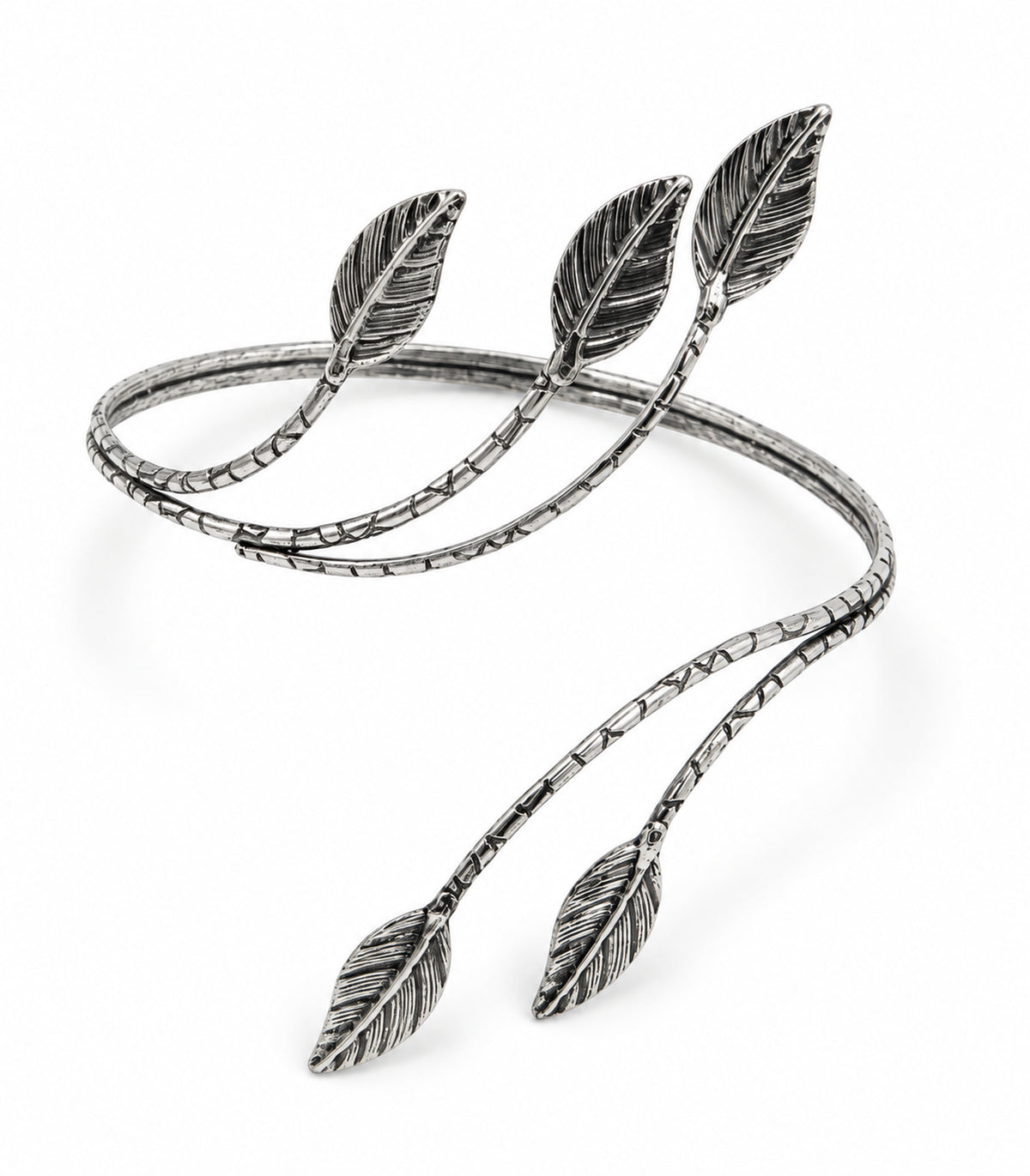 Complete single silver-tone five-leaf branching arm cuff on white background
