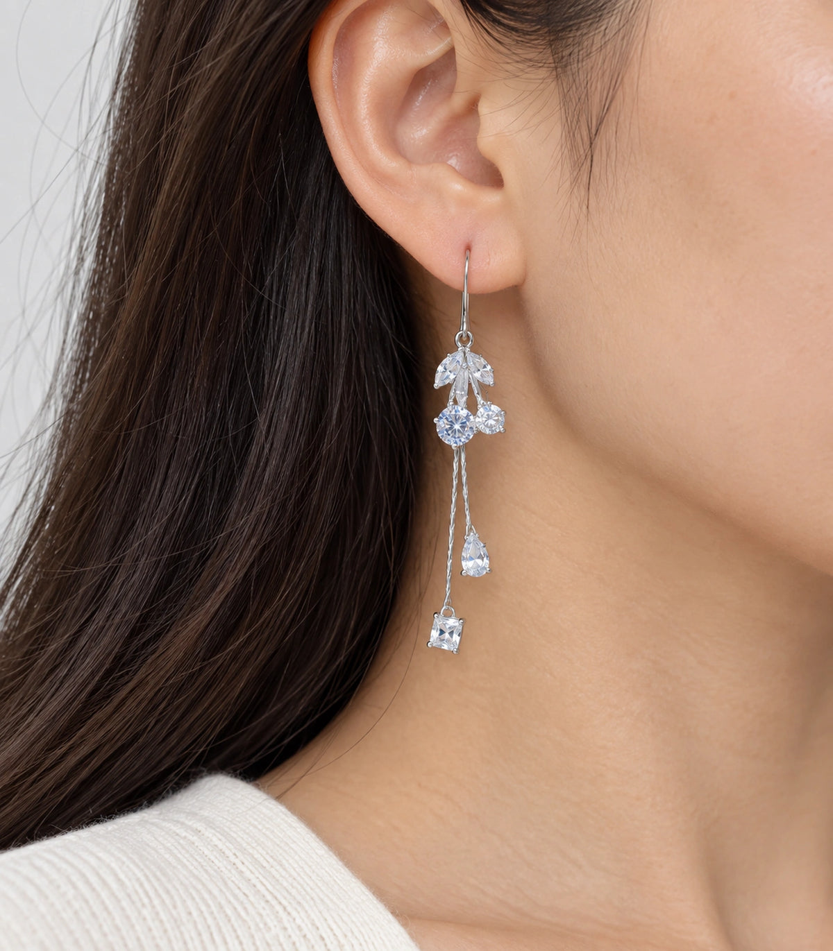 JIMIKI Silver Tone Five Leaf Crystal Twin Chain Earring Pair in Silver-tone, model wearing view