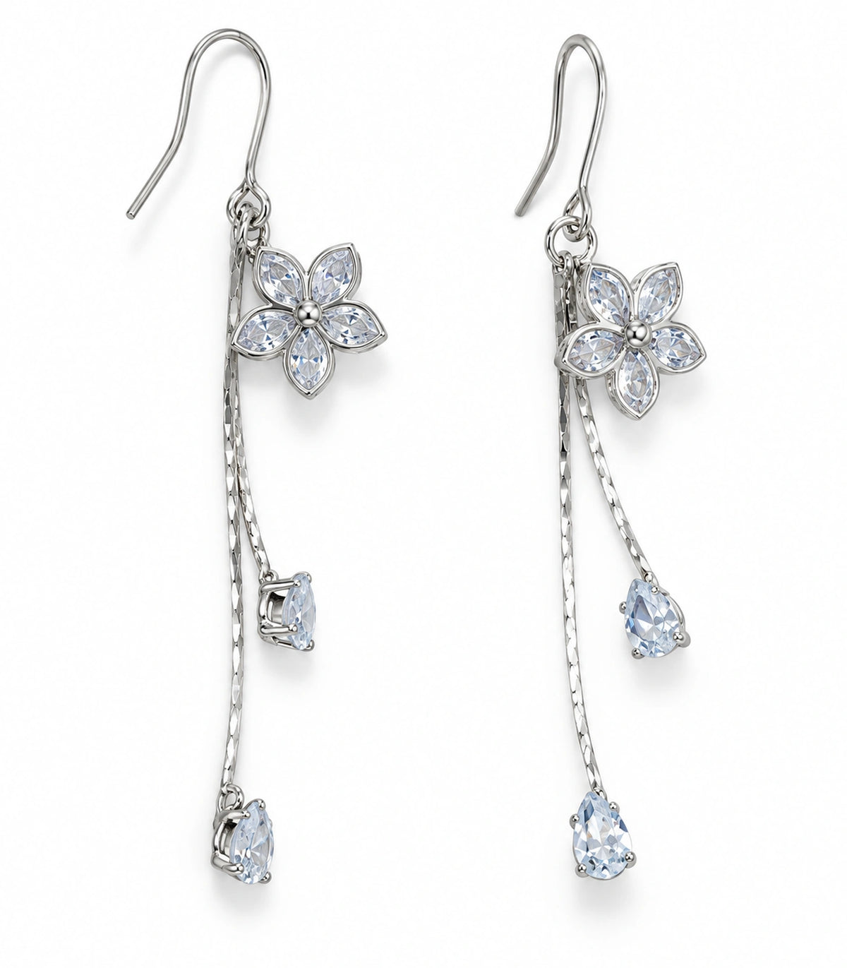 JIMIKI Silver Tone Five Petal Flower Twin Pear Drop Earring Pair in Silver-tone, white background product view