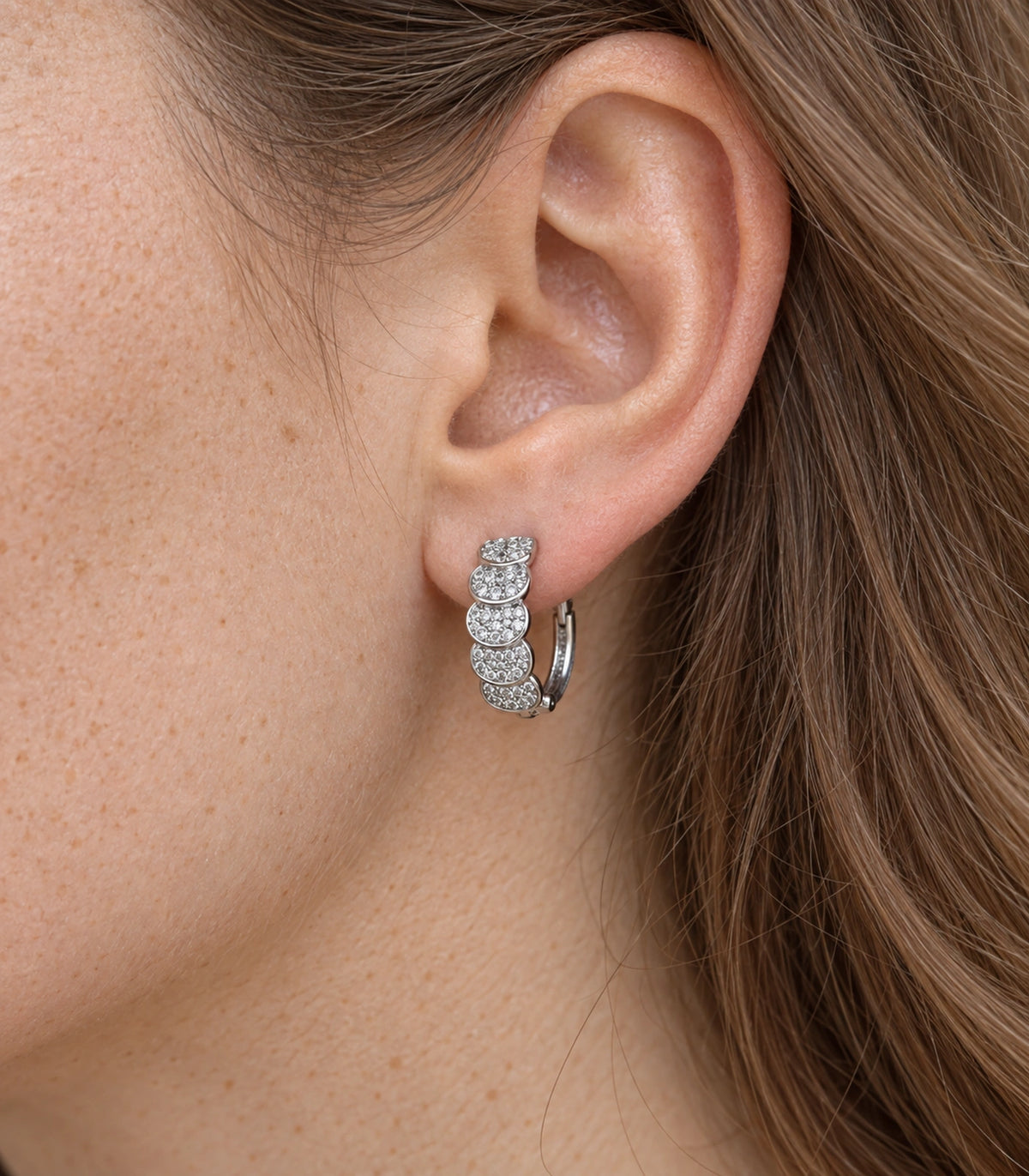 JIMIKI Five Scallop Pave Hinged Hoop Earring Pair in Silver Tone, close-up detail #color_silver tone