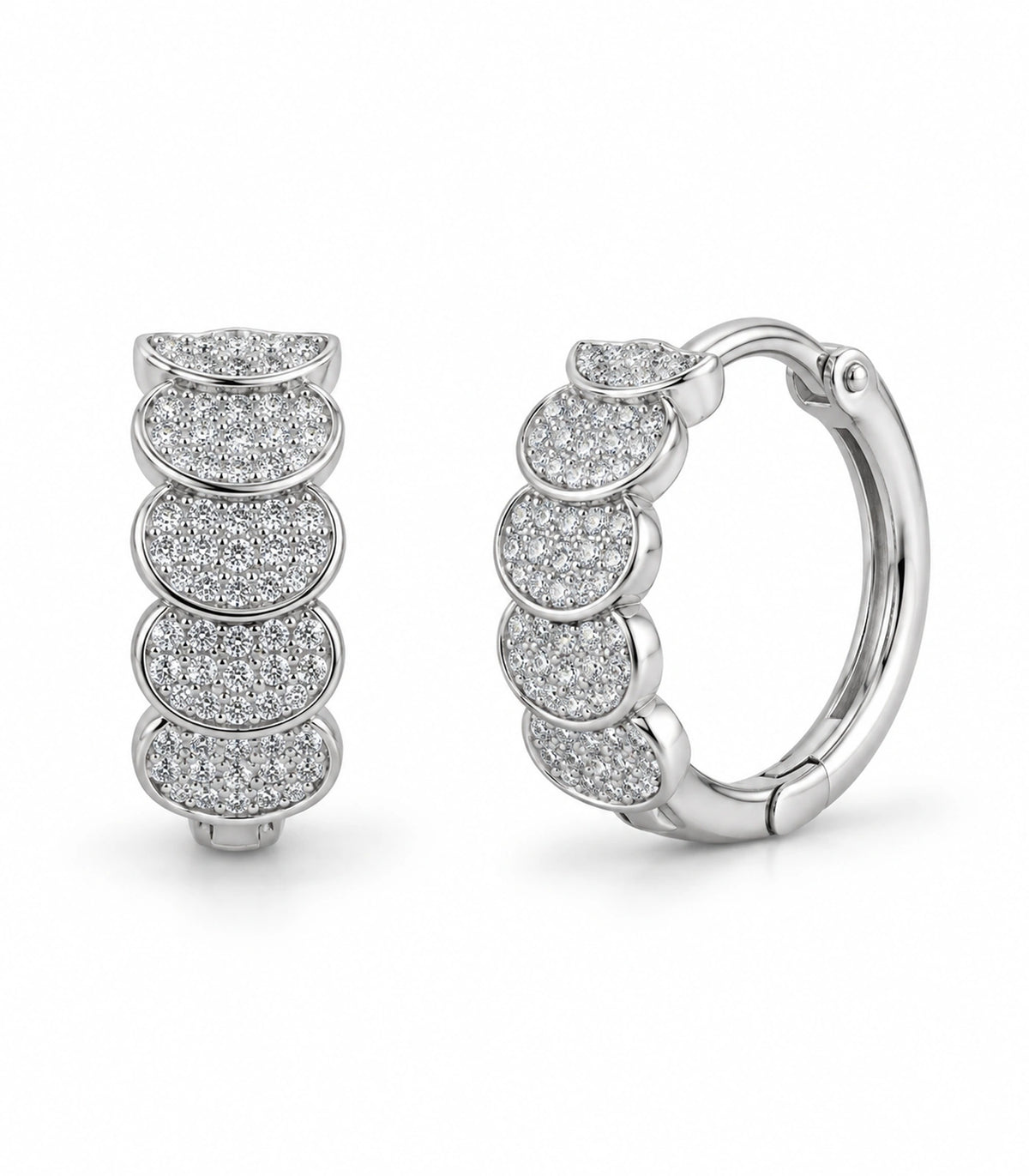JIMIKI Five Scallop Pave Hinged Hoop Earring Pair in Silver Tone, white background product view #color_silver tone