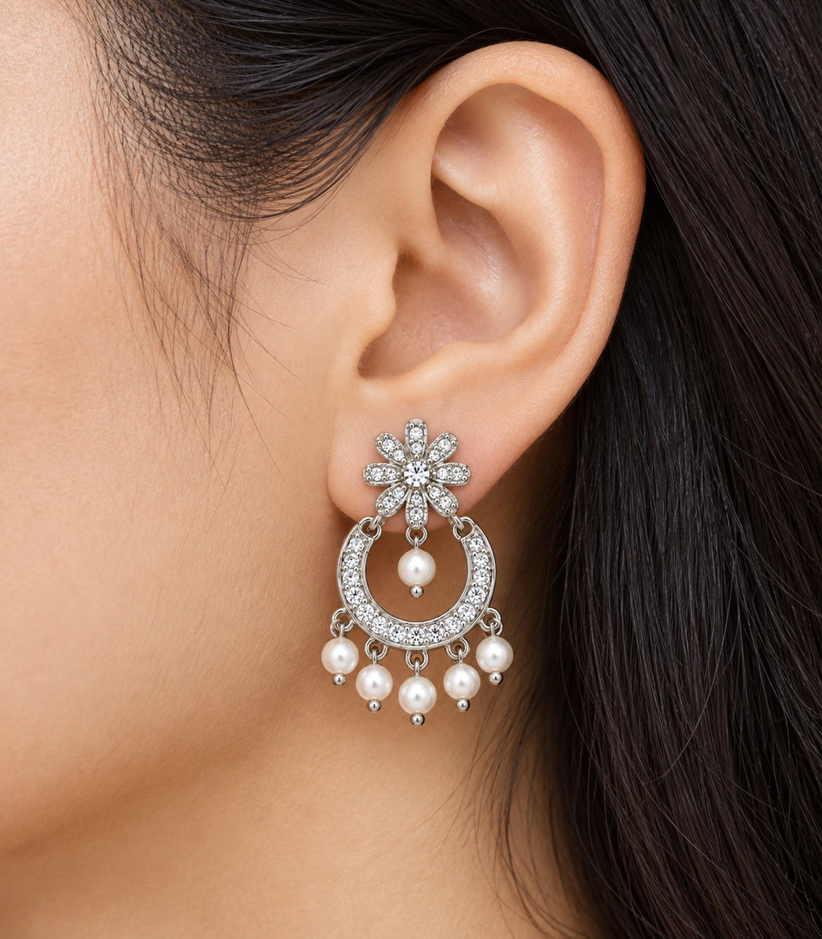 JIMIKI Silver-Tone Flower Pearl Chandbali Earrings — close-up of the earring design #color_silver-tone / white