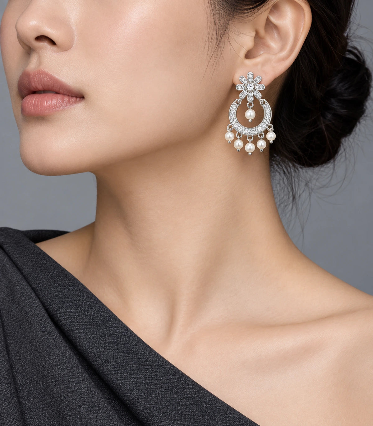 JIMIKI Silver-Tone Flower Pearl Chandbali Earrings — earrings styled with an outfit #color_silver-tone / white