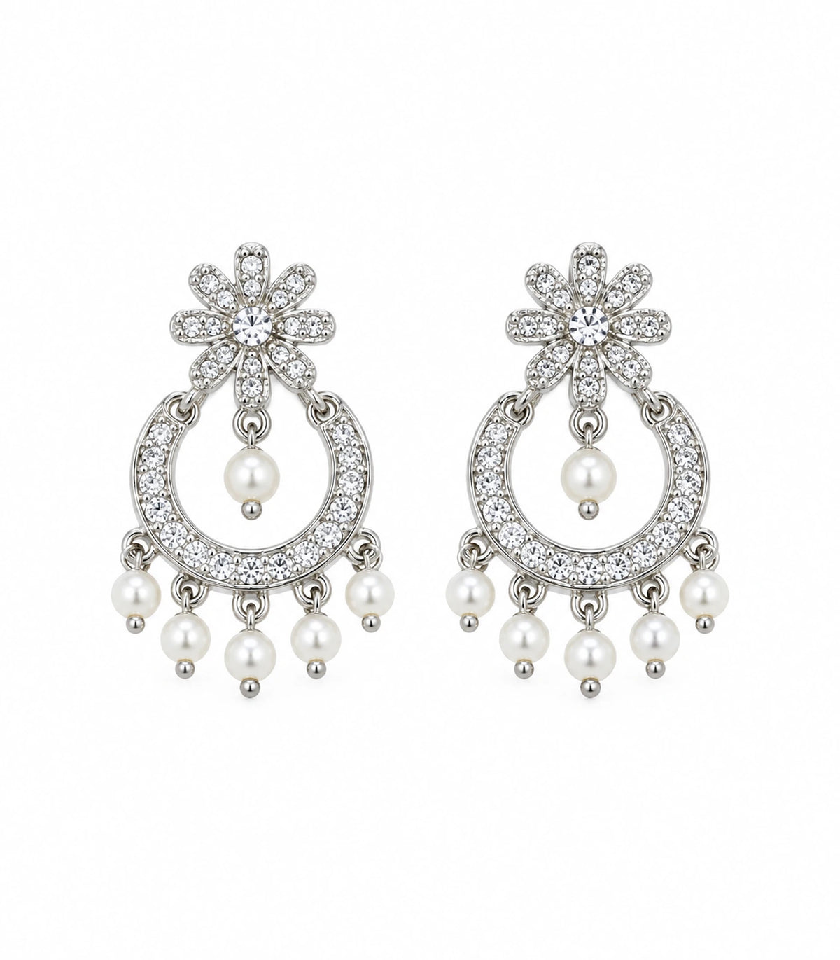JIMIKI Silver-Tone Flower Pearl Chandbali Earrings — pair on white background #color_silver-tone / white