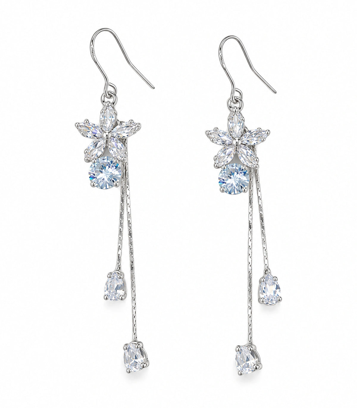 JIMIKI Silver Tone Flower Round Crystal Twin Drop Earring Pair in Silver-tone, white background product view