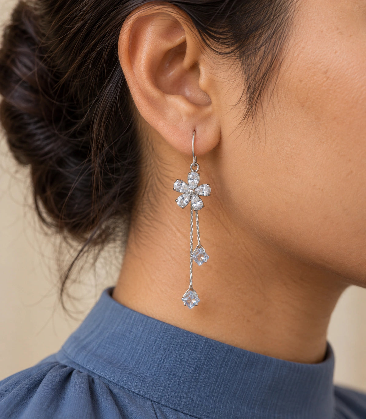JIMIKI Silver Tone Flower Twin Cube Crystal Drop Earring Pair in Silver-tone, editorial model view