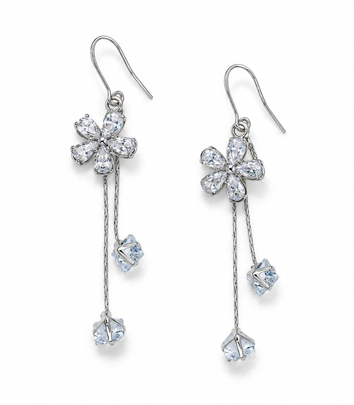 JIMIKI Silver Tone Flower Twin Cube Crystal Drop Earring Pair in Silver-tone, white background product view