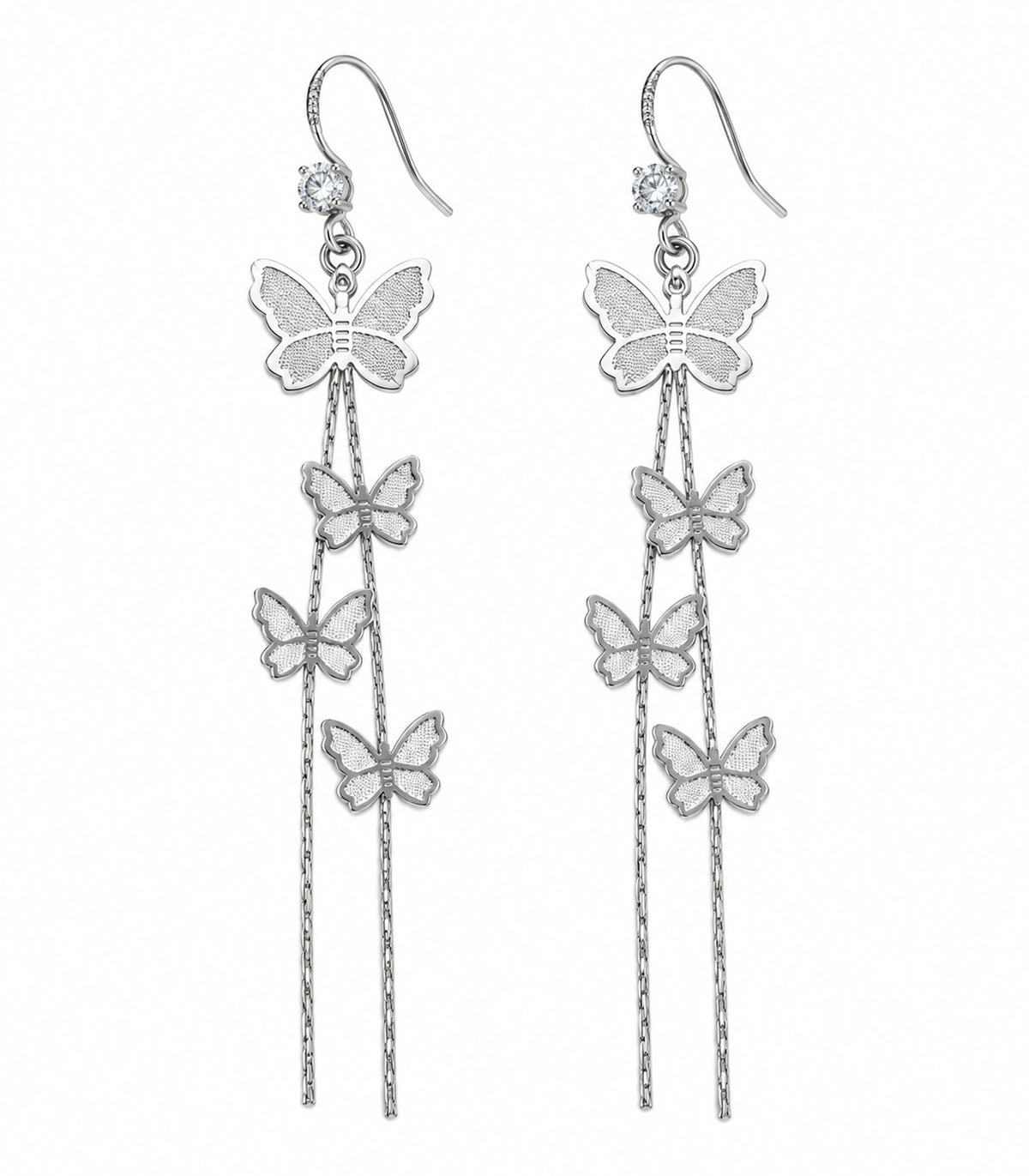 JIMIKI Silver Tone Four Butterfly Chain Earring Pair in Silver-tone, white background product view