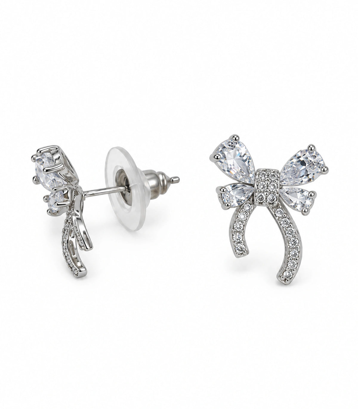 JIMIKI Four Pear Crystal Bow Stud Earring Pair in Silver Tone, white background product view #color_silver tone