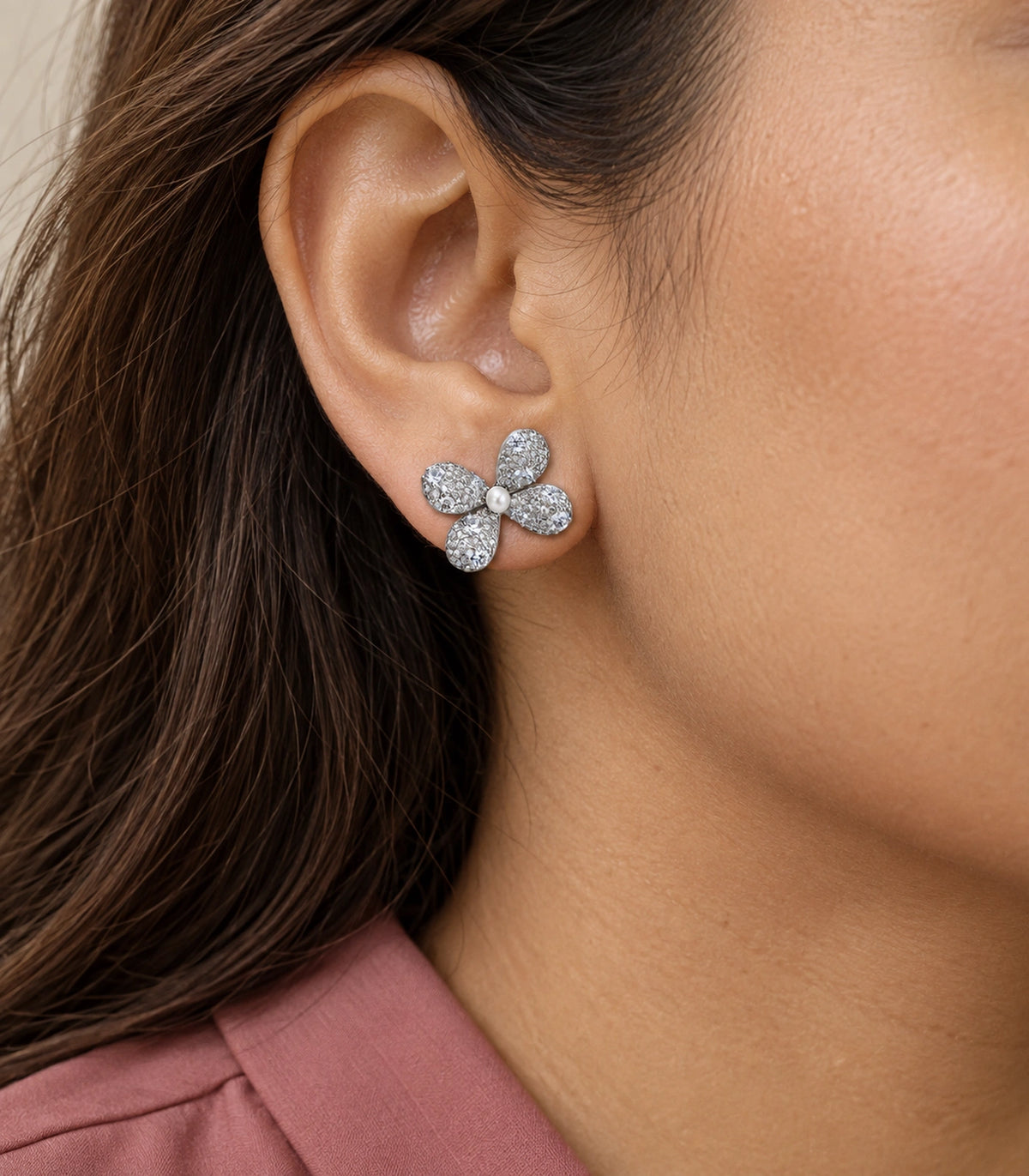 JIMIKI Four Petal Pave Pearl Centre Stud Earring Pair in Silver tone, close-up detail #color_silver tone