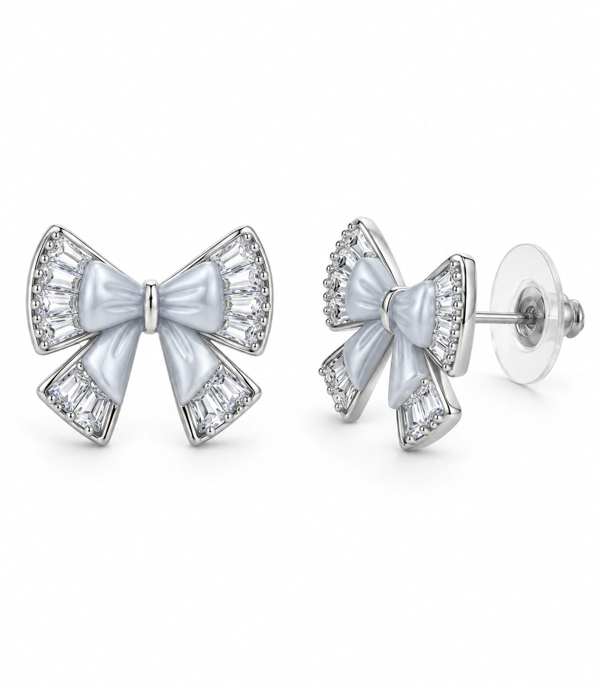 JIMIKI Silver Tone Grey Bow Clear Crystal Stud Earring Pair in Silver tone, white background product view