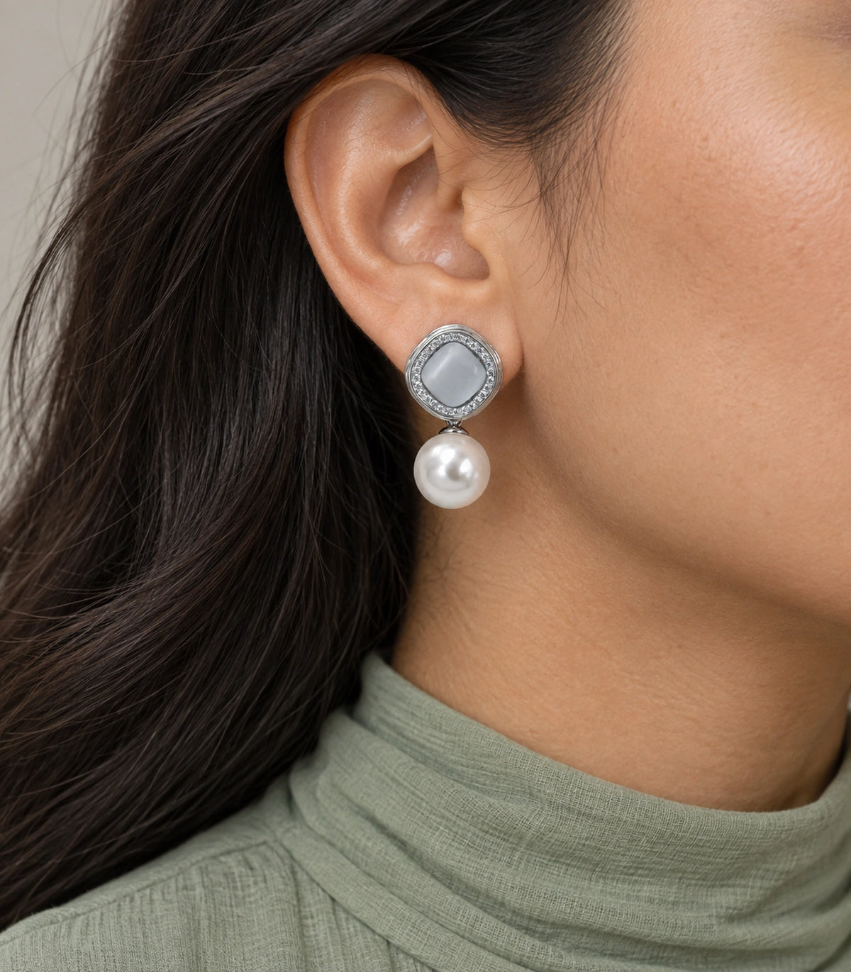 JIMIKI Crystal Halo Pearl Drop Earring Pair in Silver-tone / Grey, model wearing view #color_silver-tone / grey