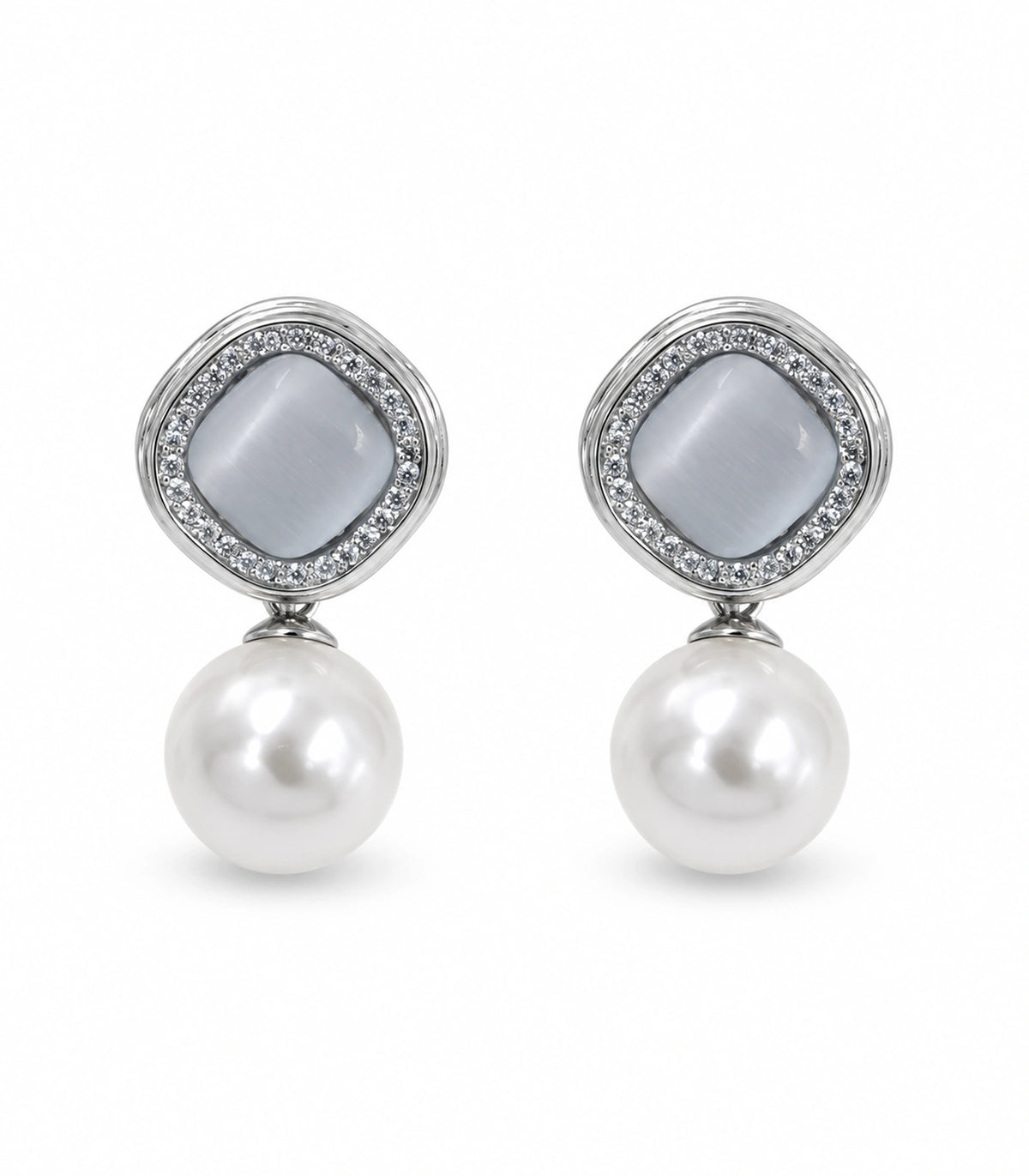 JIMIKI Crystal Halo Pearl Drop Earring Pair in Silver-tone / Grey, white background product view #color_silver-tone / grey